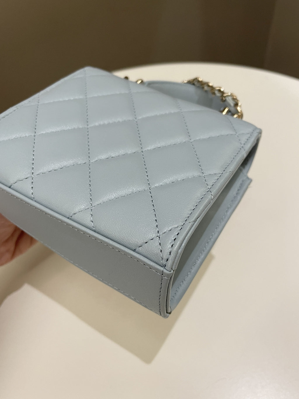 Chanel 22P Top Handle Clutch On Chain Baby Blue Lambskin