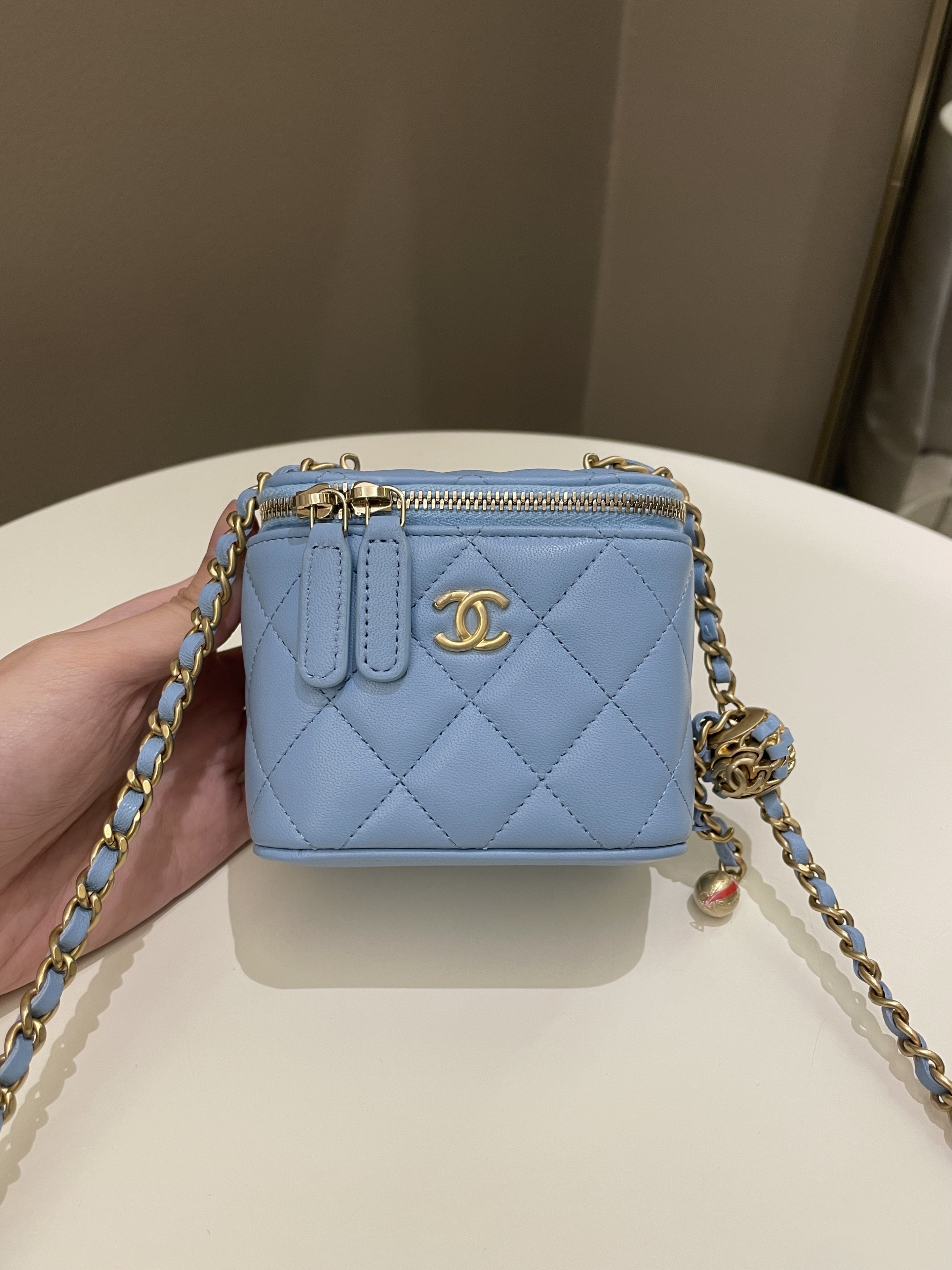Chanel Quilted Pearl Crush Mini Vanity Cube Blue Lambskin