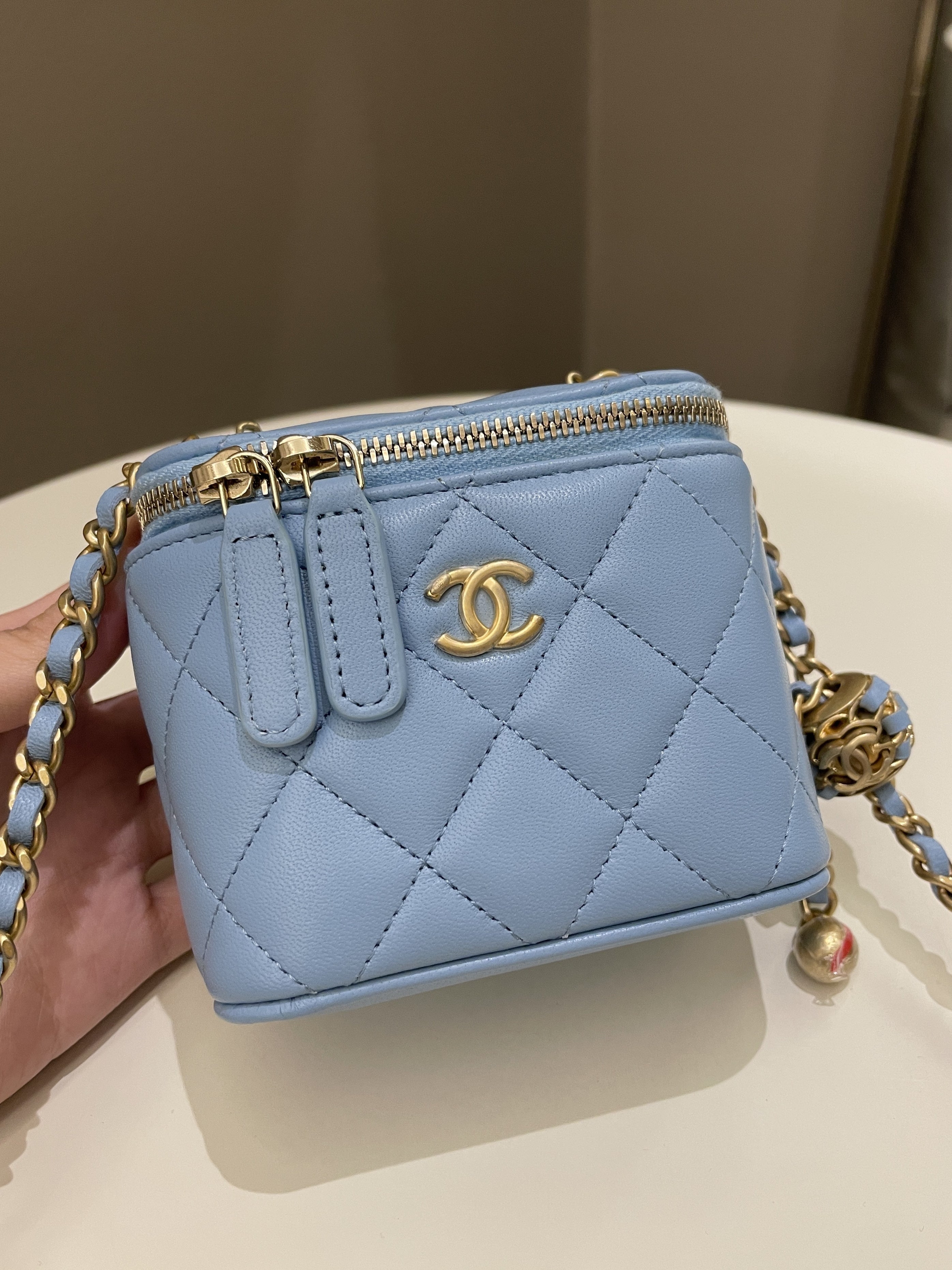 Chanel Quilted Pearl Crush Mini Vanity Cube Blue Lambskin
