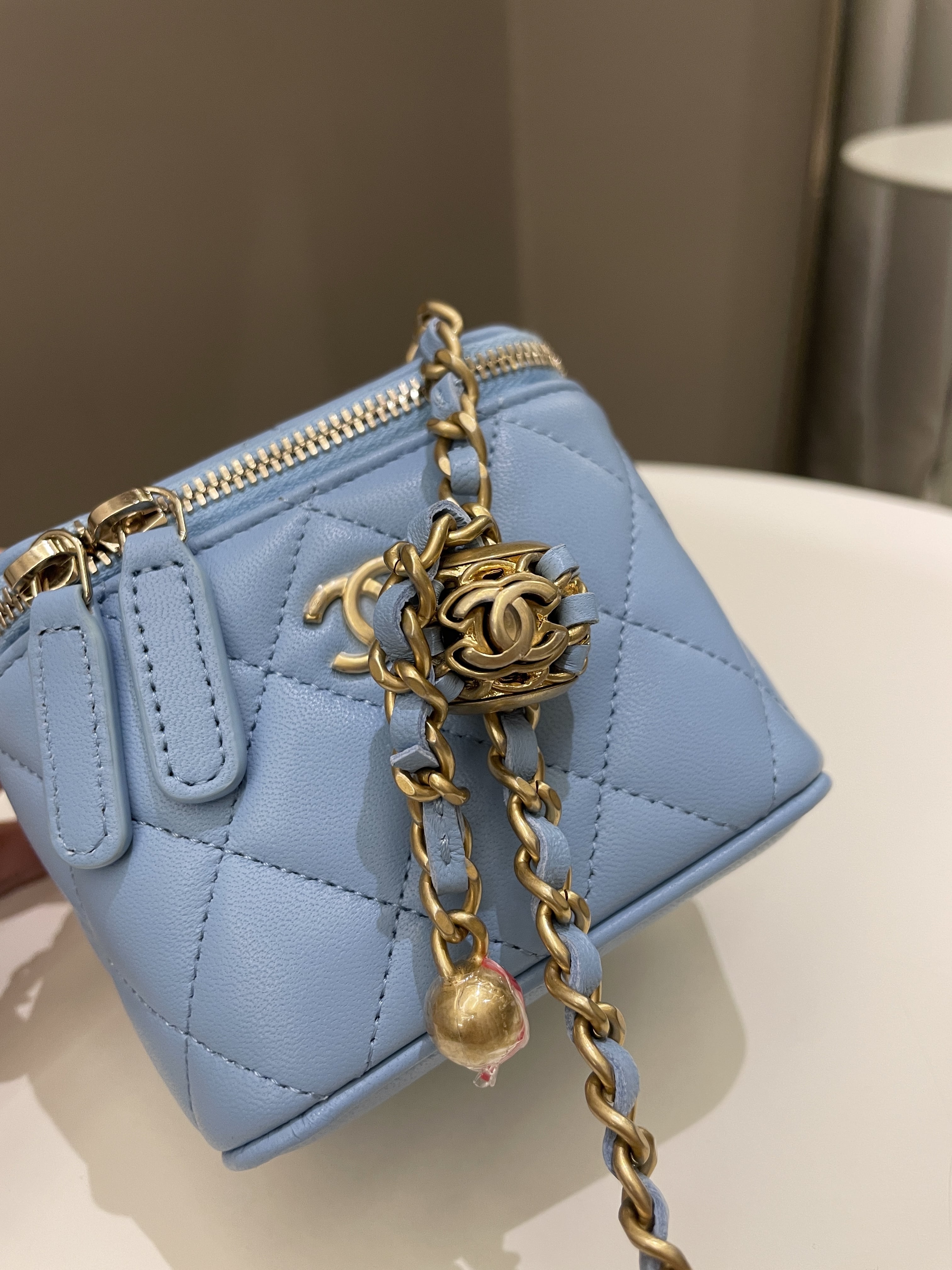 Chanel Quilted Pearl Crush Mini Vanity Cube Blue Lambskin
