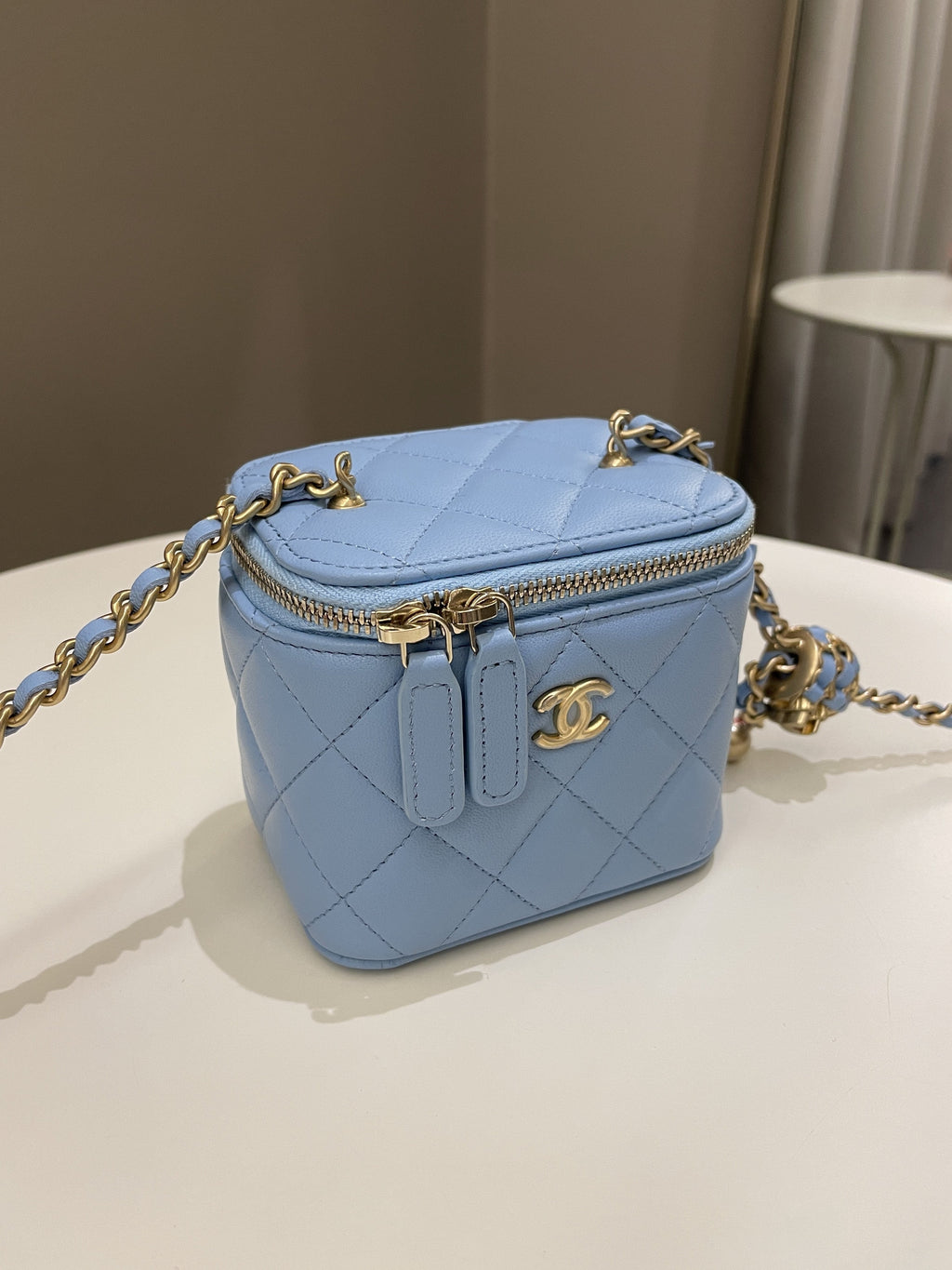 Chanel Quilted Pearl Crush Mini Vanity Cube Blue Lambskin