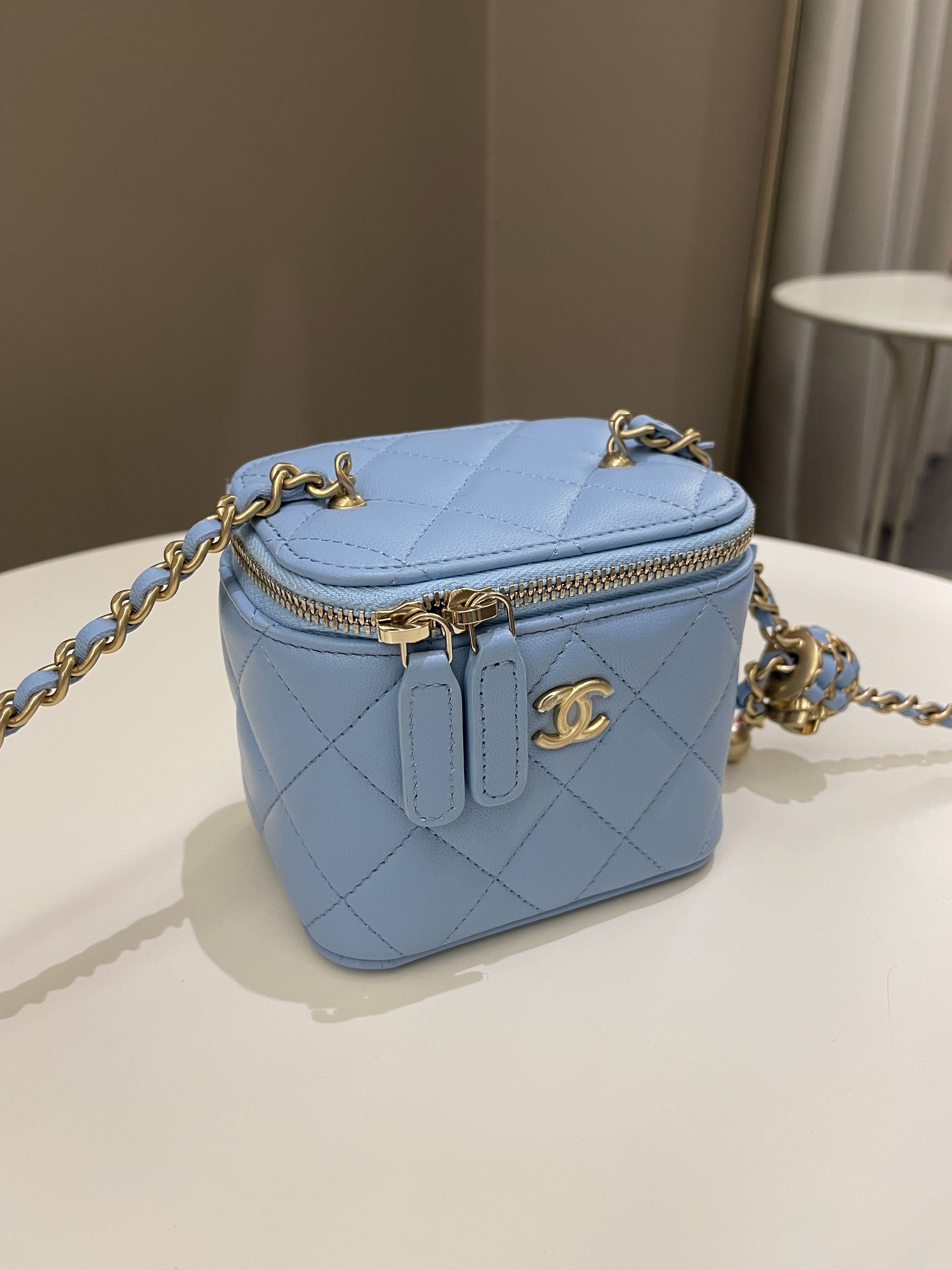 Chanel Quilted Pearl Crush Mini Vanity Cube Blue Lambskin