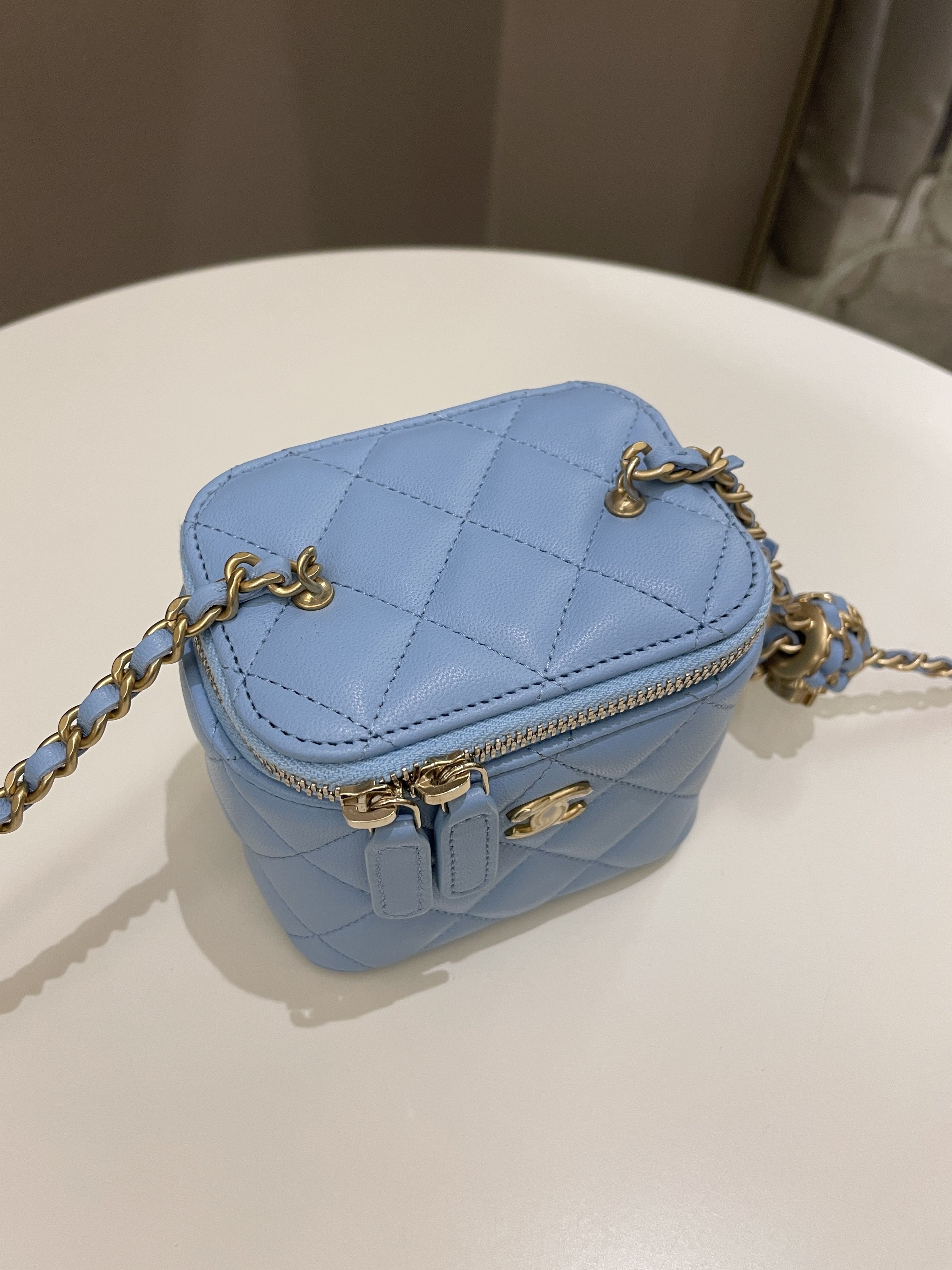 Chanel Quilted Pearl Crush Mini Vanity Cube Blue Lambskin