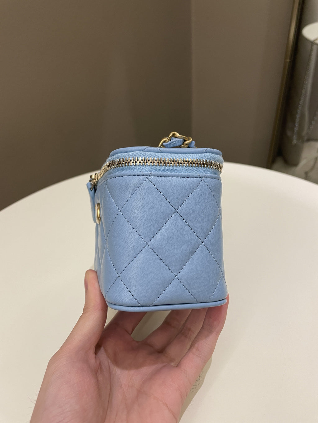 Chanel Quilted Pearl Crush Mini Vanity Cube Blue Lambskin