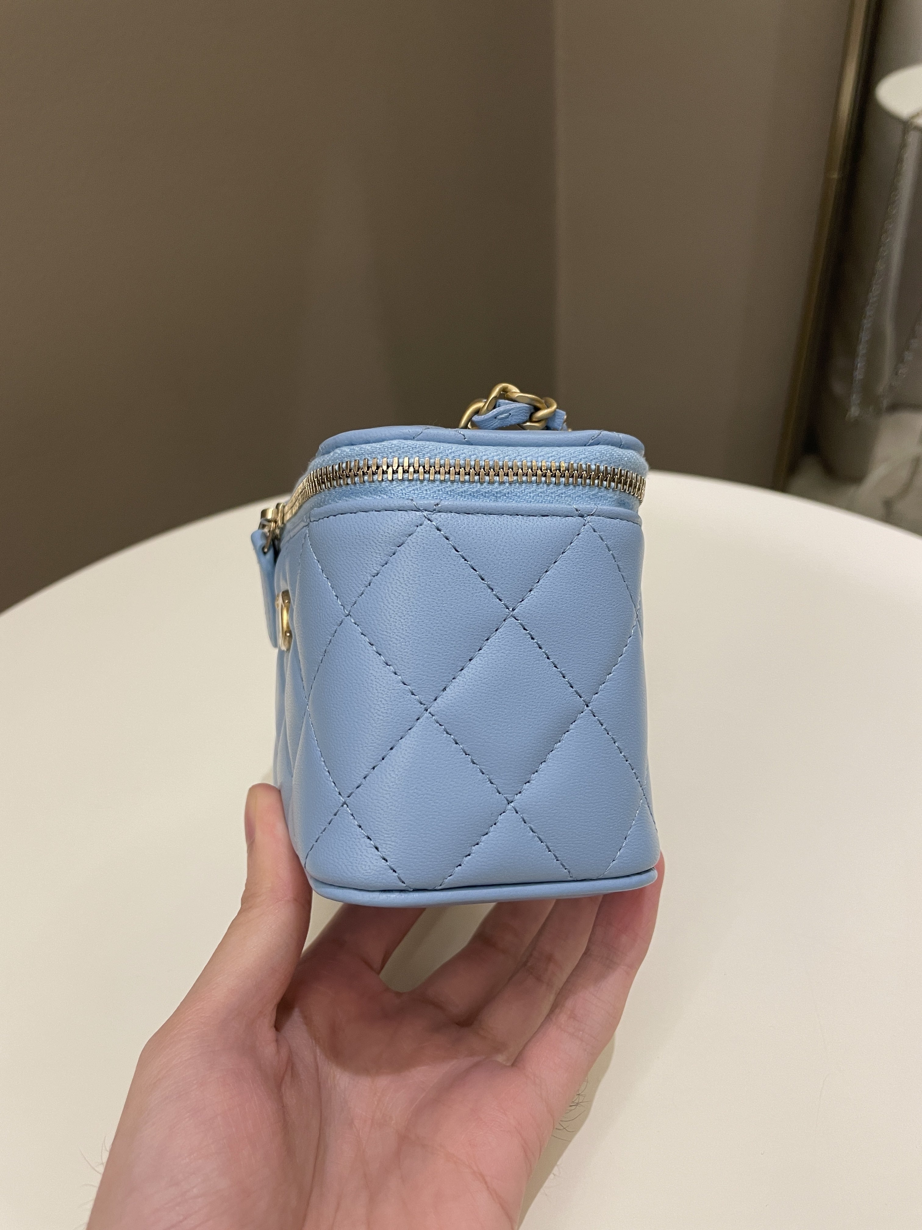 Chanel Quilted Pearl Crush Mini Vanity Cube Blue Lambskin