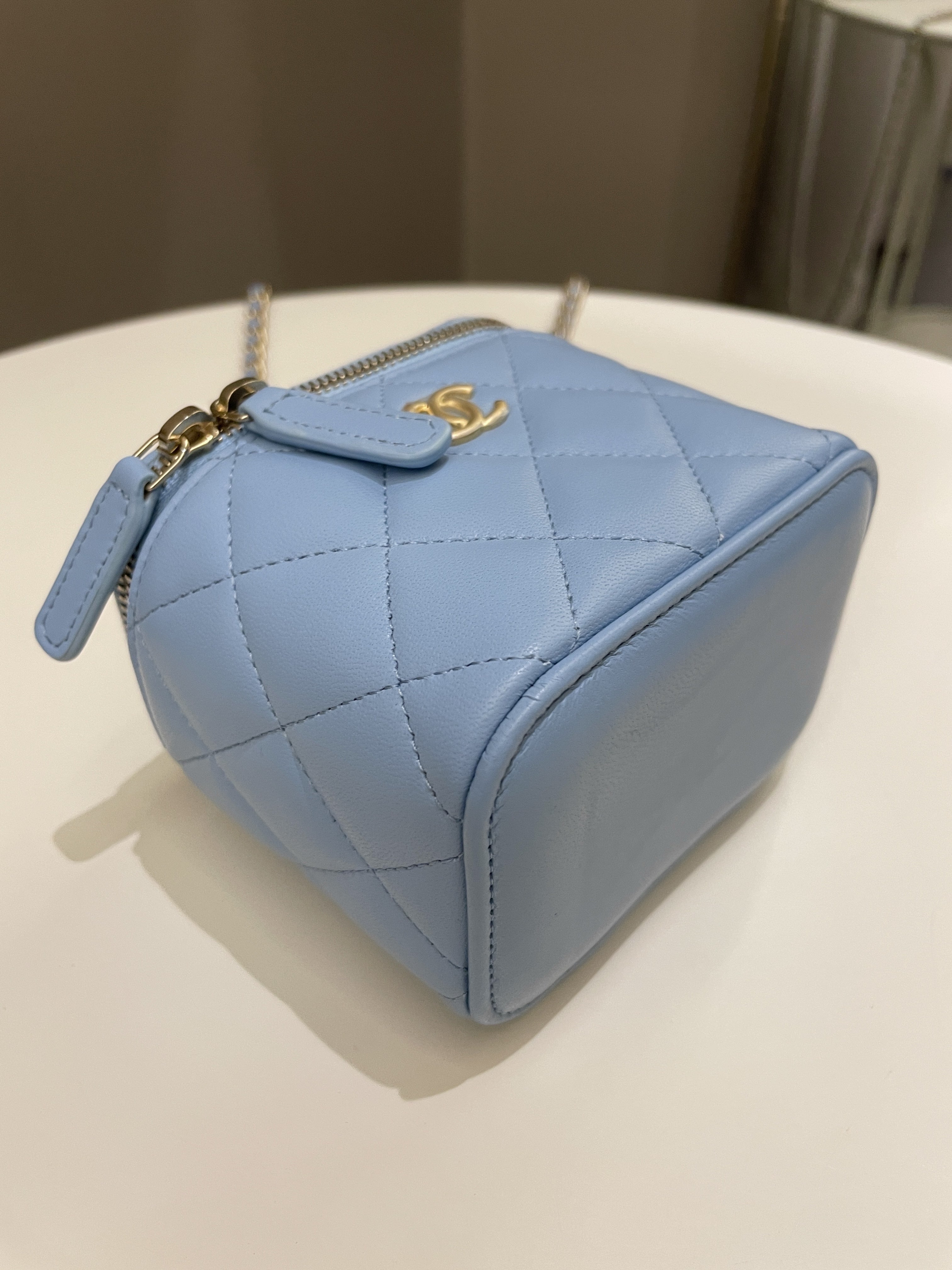 Chanel Quilted Pearl Crush Mini Vanity Cube Blue Lambskin