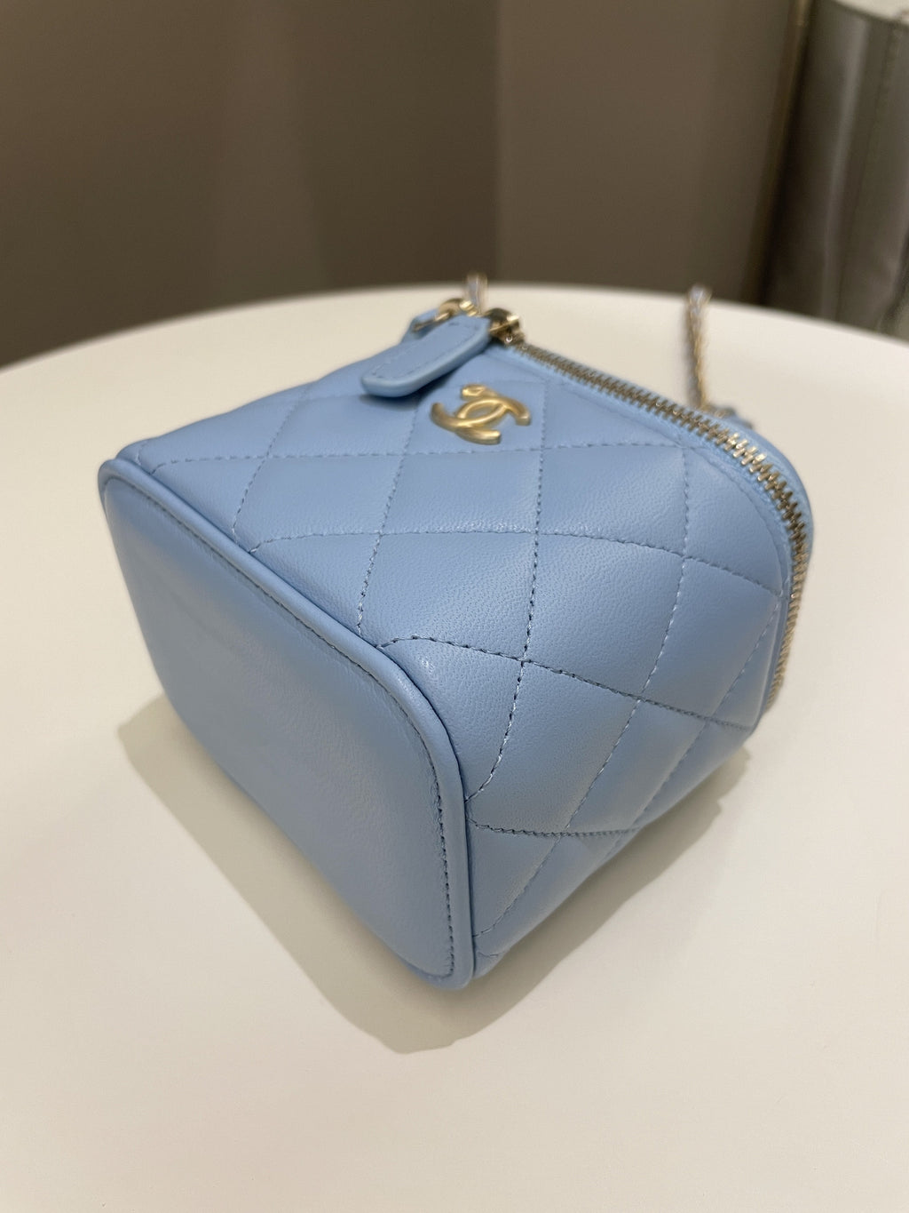 Chanel Quilted Pearl Crush Mini Vanity Cube Blue Lambskin