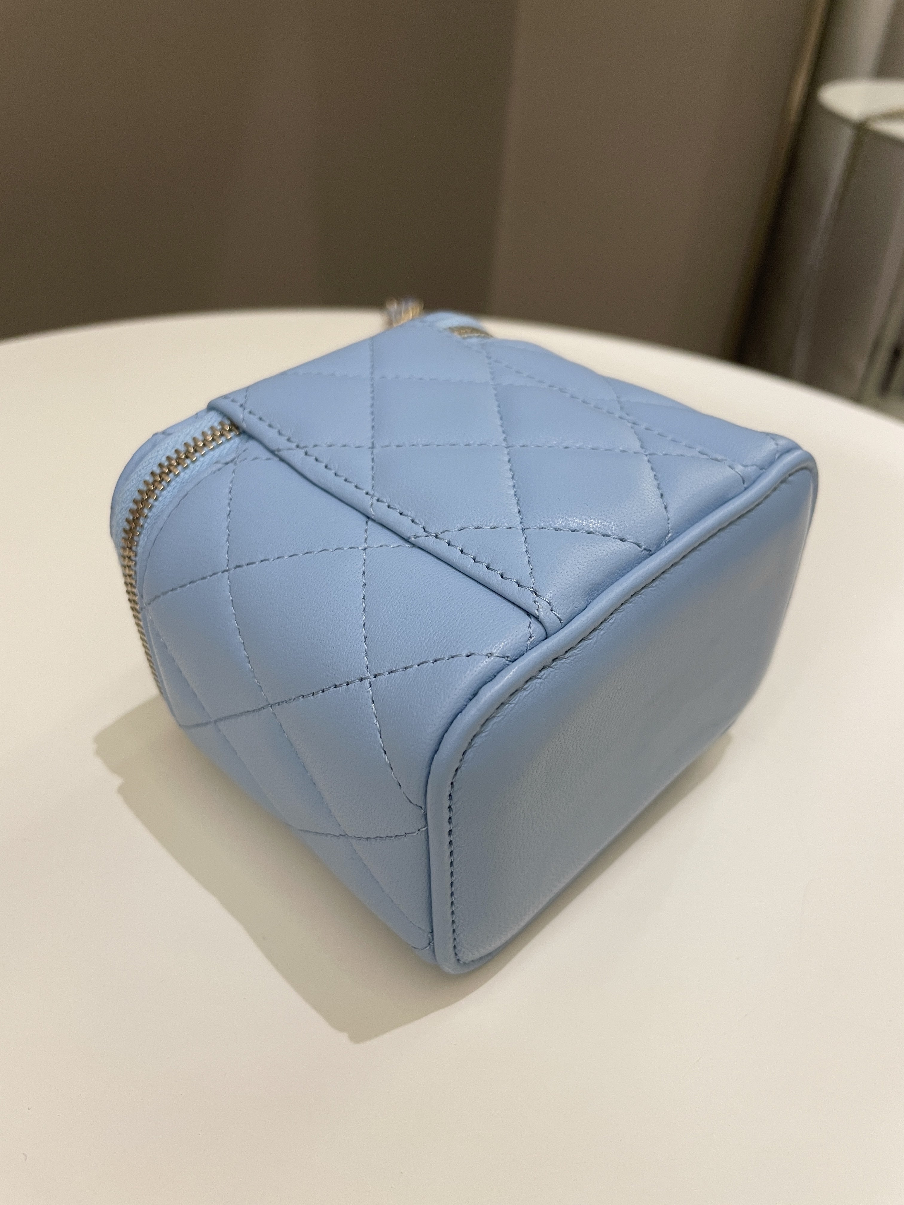 Chanel Quilted Pearl Crush Mini Vanity Cube Blue Lambskin