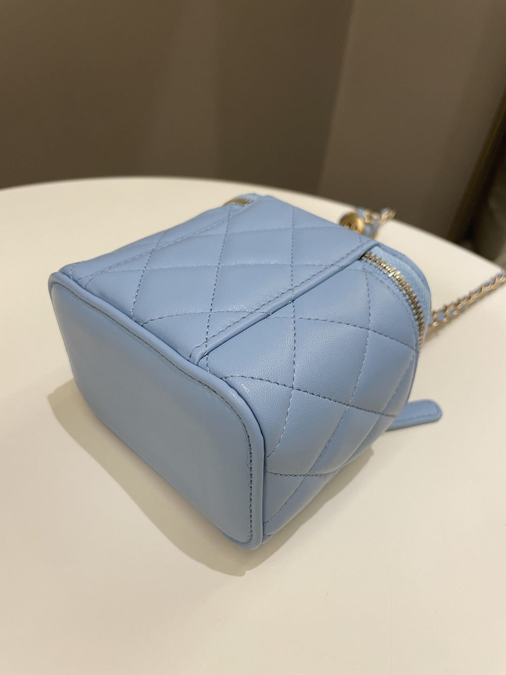 Chanel Quilted Pearl Crush Mini Vanity Cube Blue Lambskin