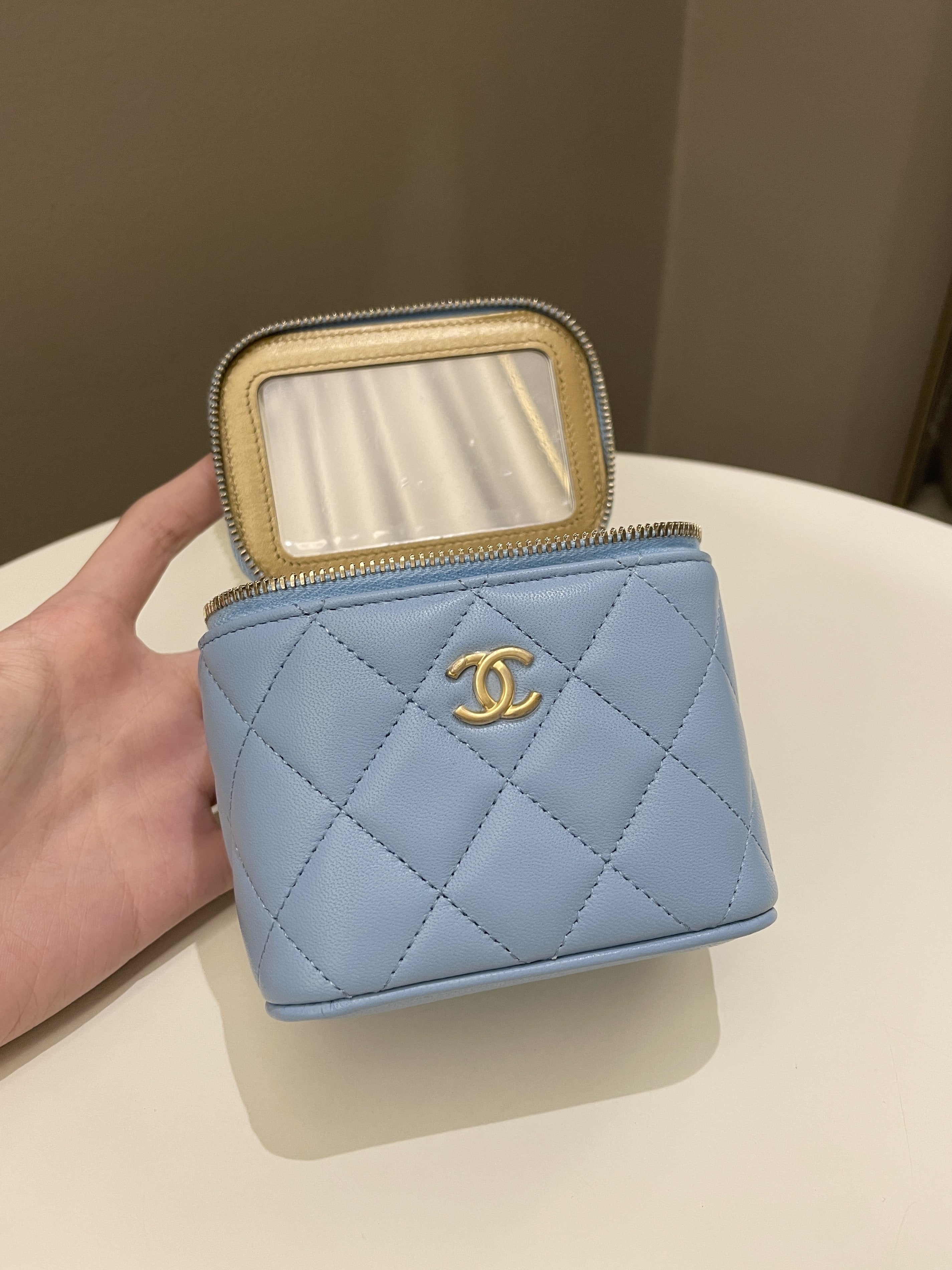 Chanel Quilted Pearl Crush Mini Vanity Cube Blue Lambskin
