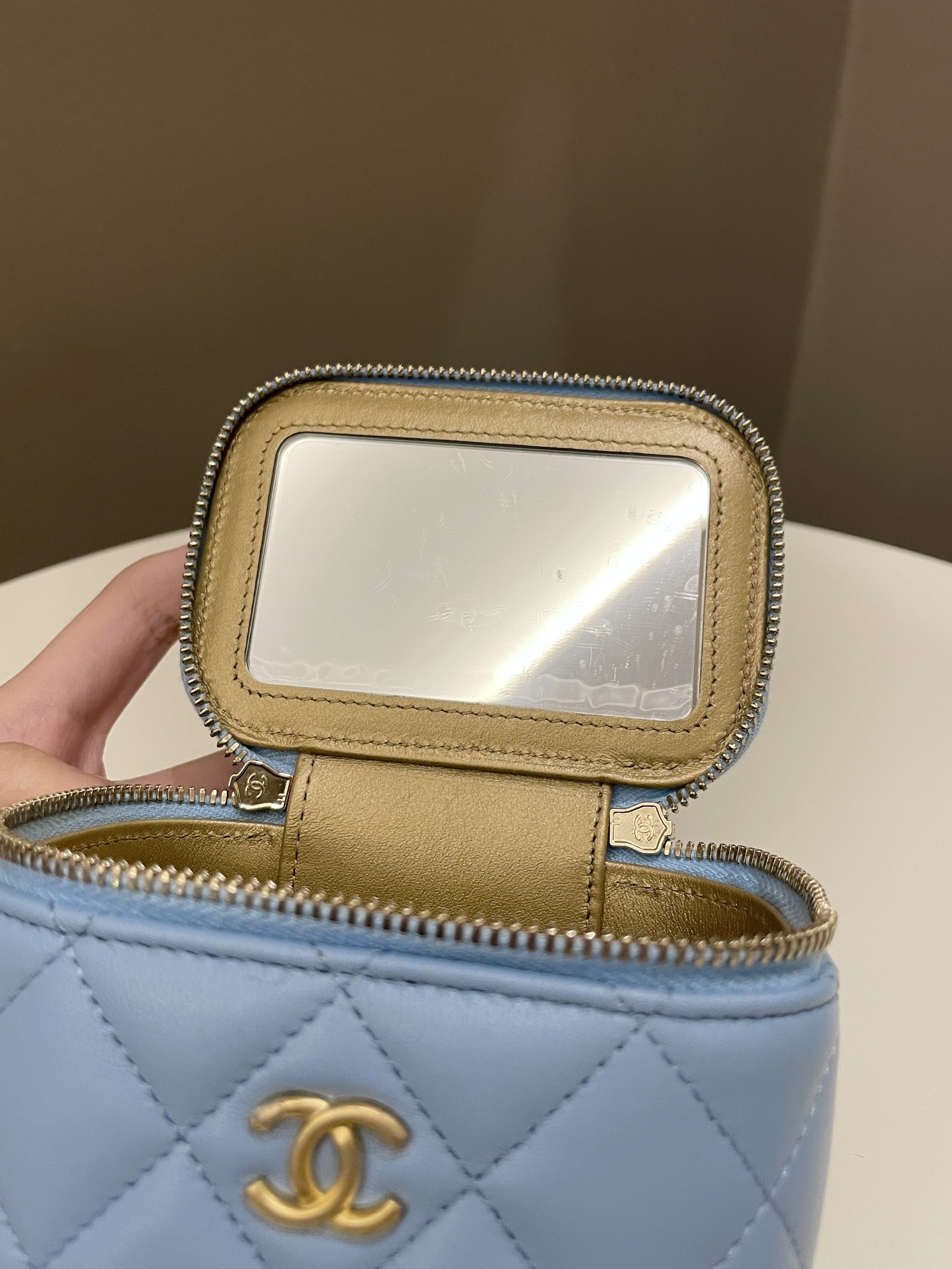 Chanel Quilted Pearl Crush Mini Vanity Cube Blue Lambskin