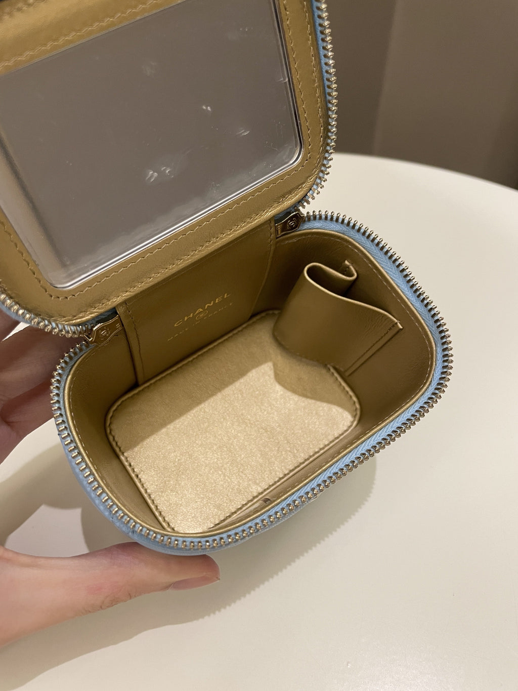 Chanel Quilted Pearl Crush Mini Vanity Cube Blue Lambskin