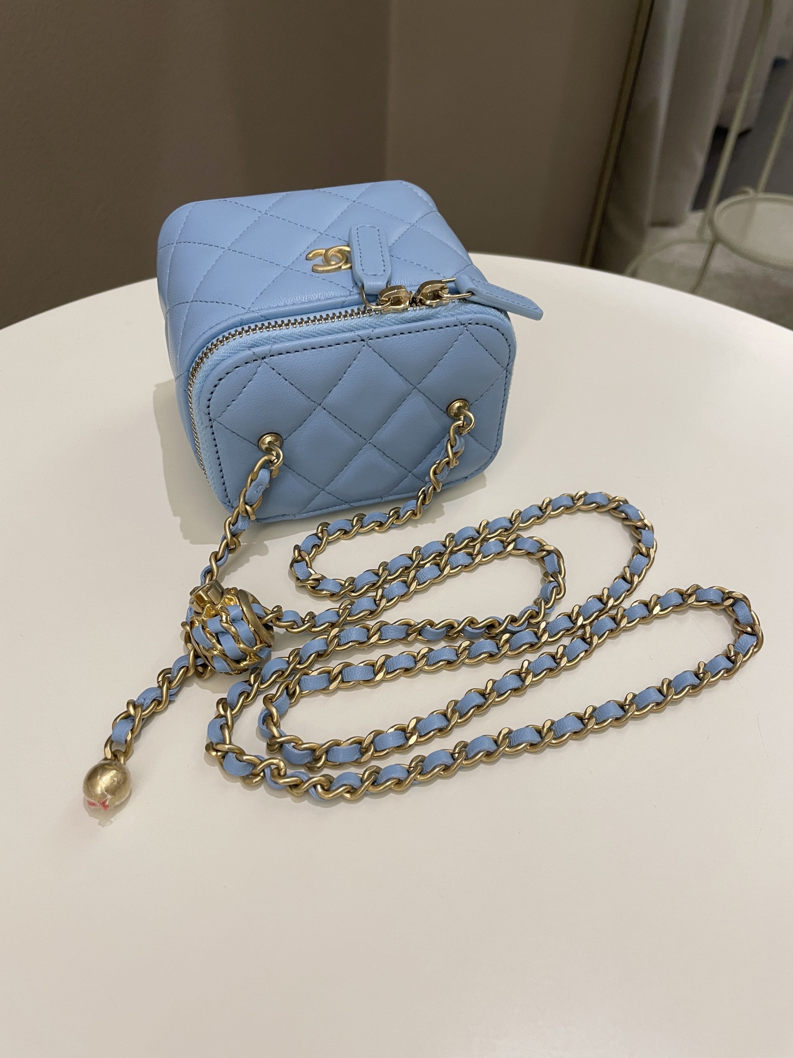 Chanel Quilted Pearl Crush Mini Vanity Cube Blue Lambskin