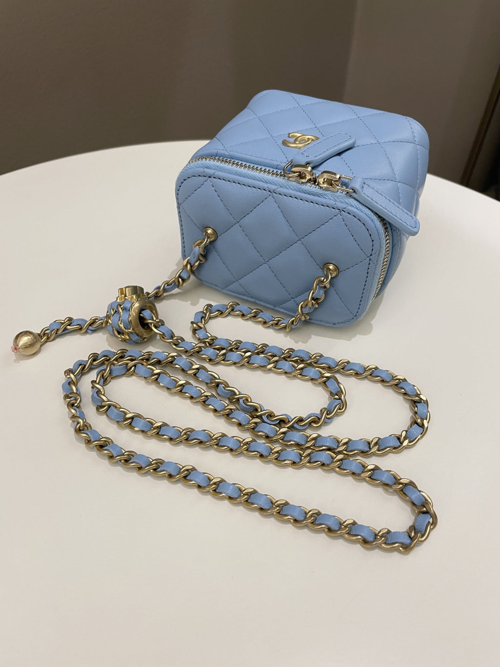 Chanel Quilted Pearl Crush Mini Vanity Cube Blue Lambskin