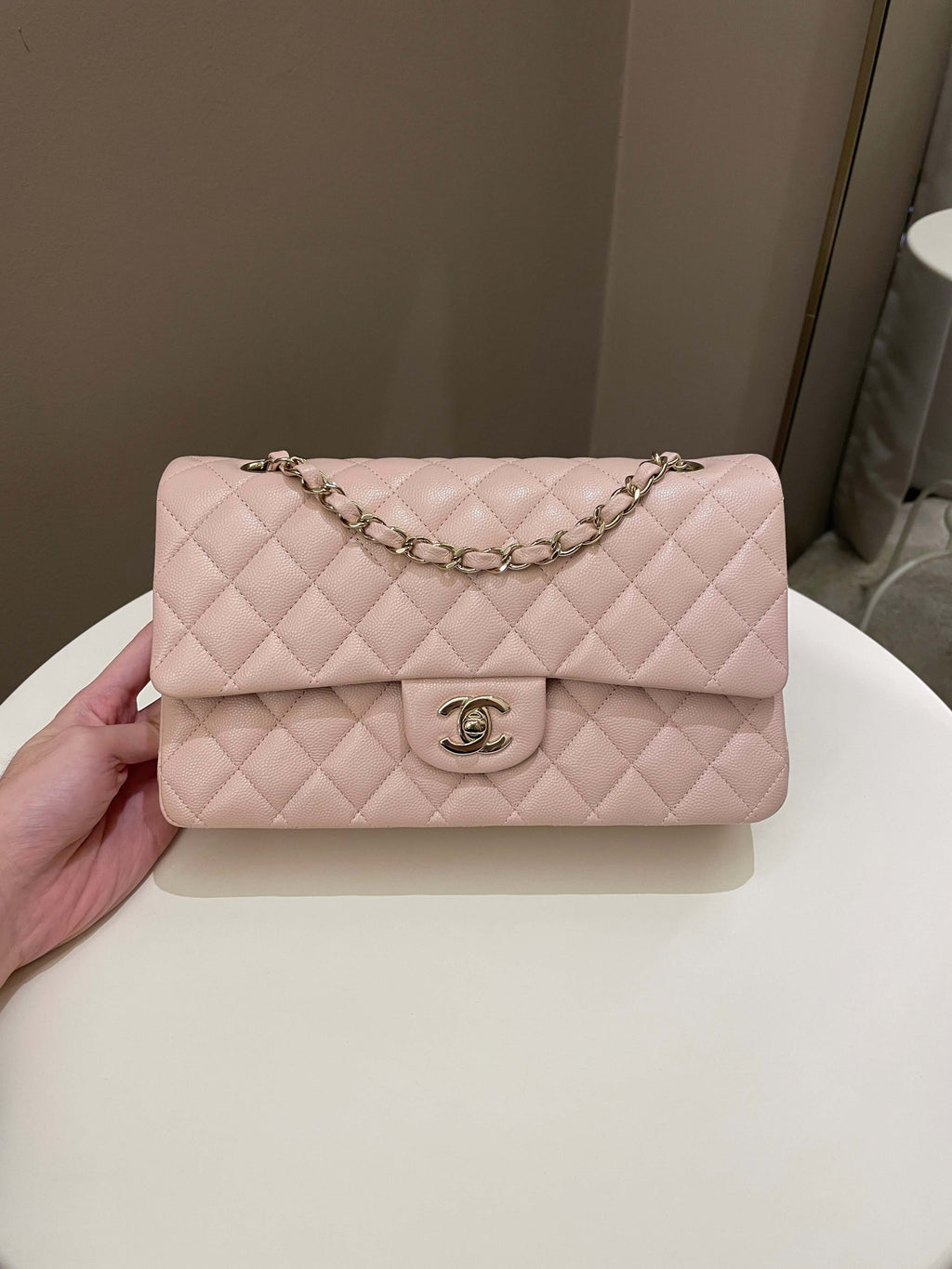 Chanel 21C Classic Quilted Medium Double Flap Rose Claire Beige Caviar