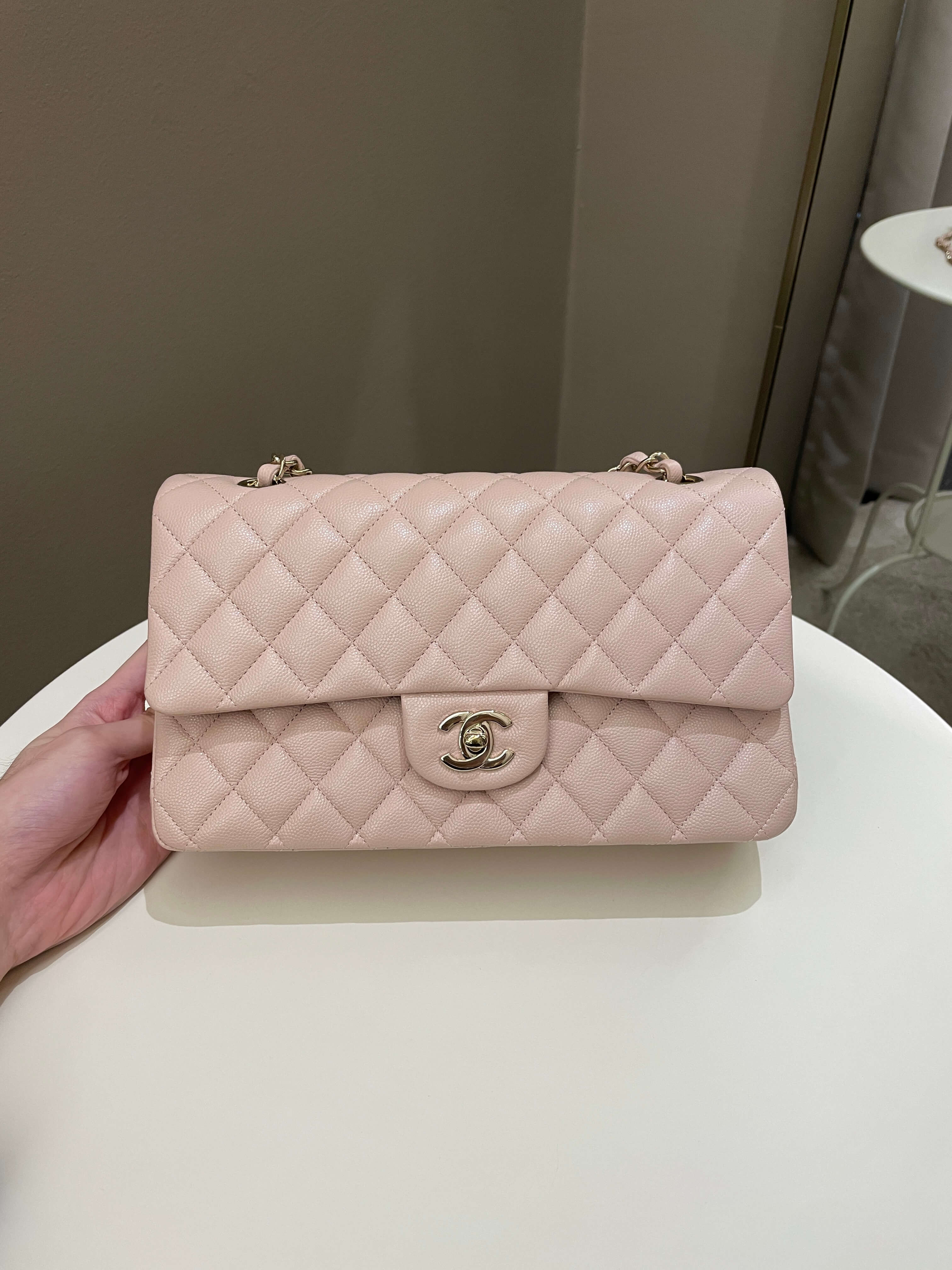 Chanel 21C Classic Quilted Medium Double Flap Rose Claire Beige Caviar