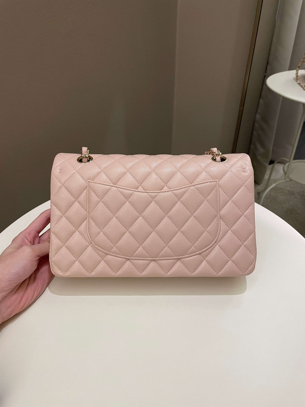Chanel 21C Classic Quilted Medium Double Flap Rose Claire Beige Caviar