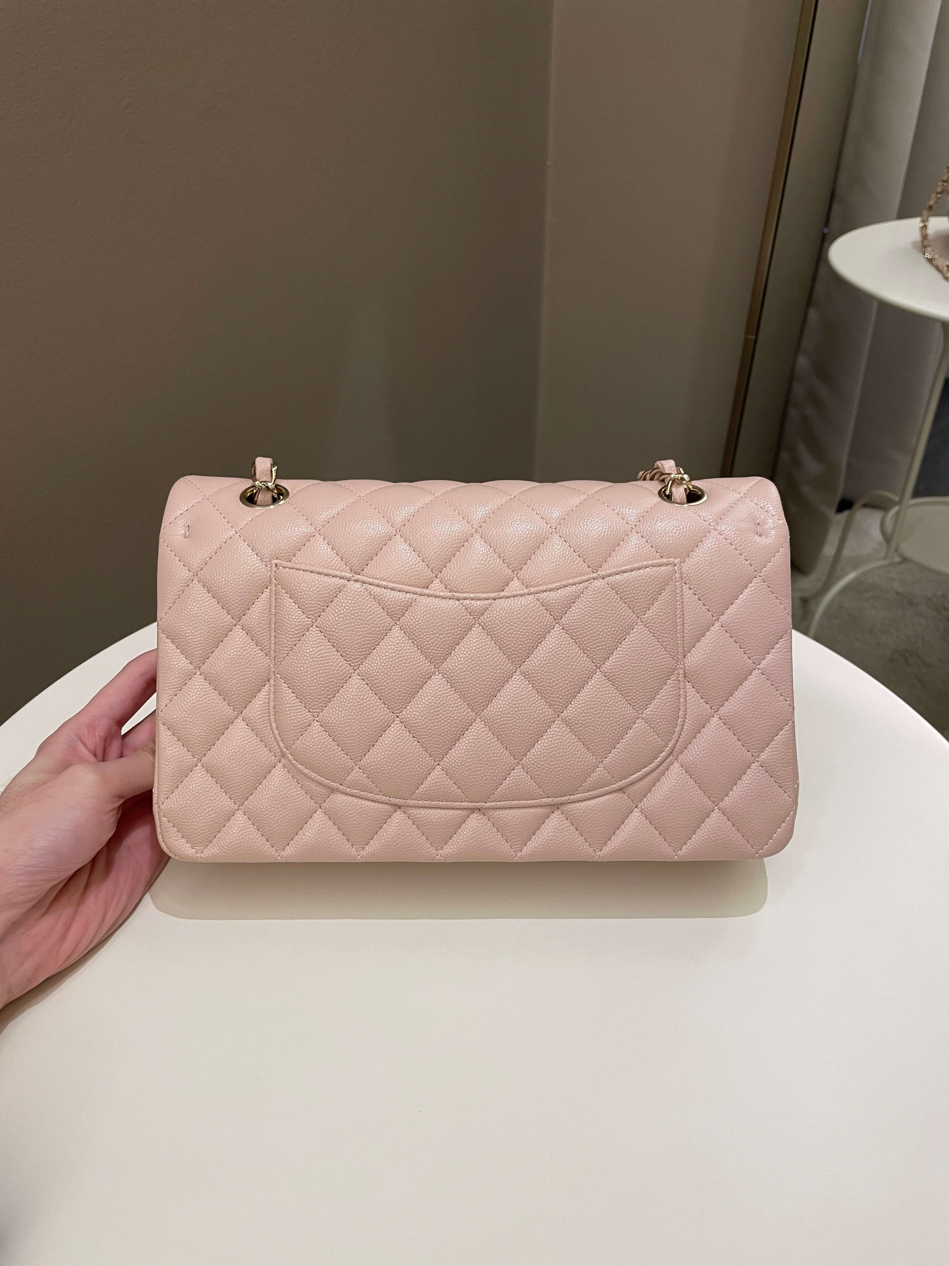 Chanel 21C Classic Quilted Medium Double Flap Rose Claire Beige Caviar