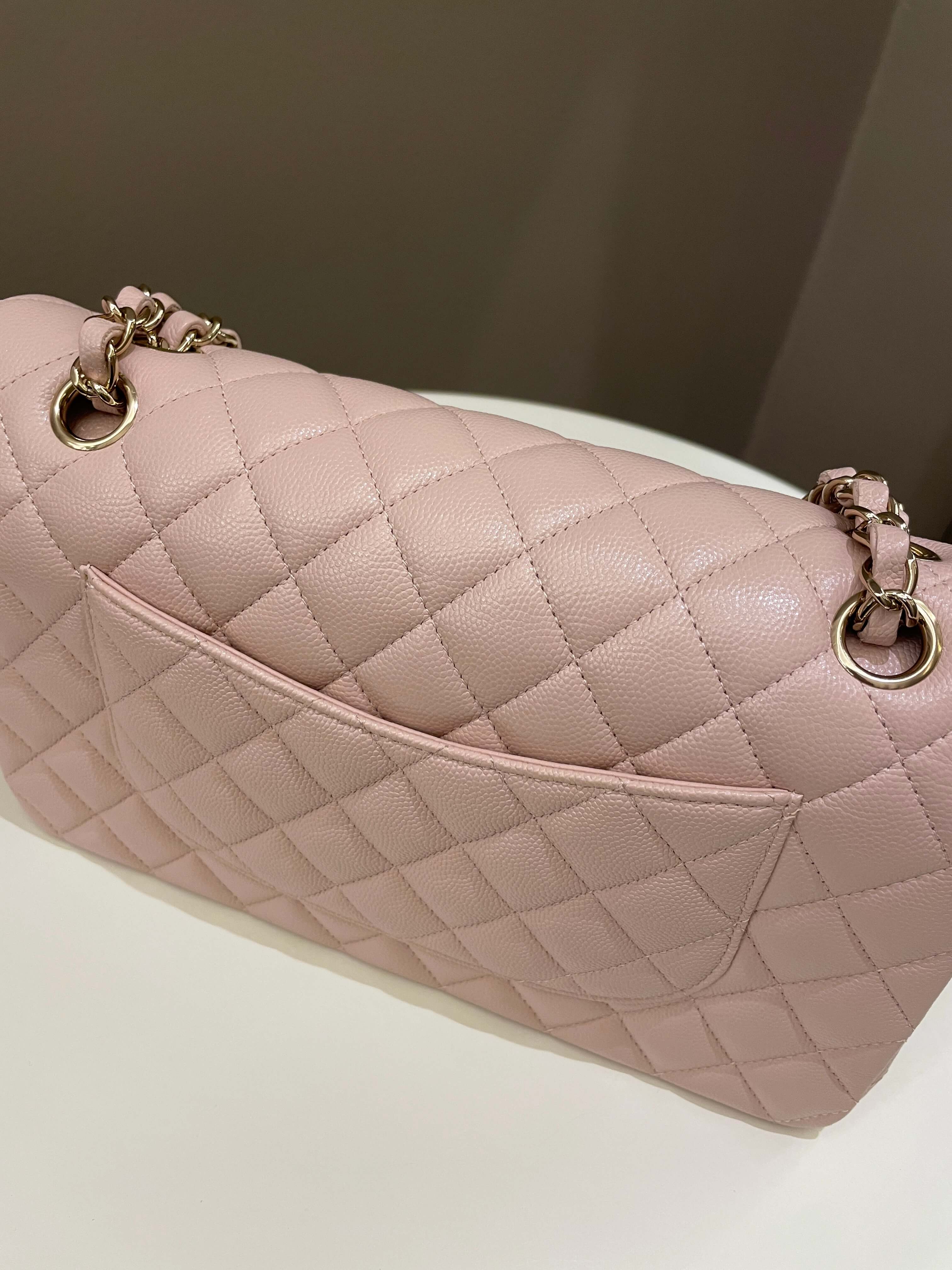 Chanel 21C Classic Quilted Medium Double Flap Rose Claire Beige Caviar