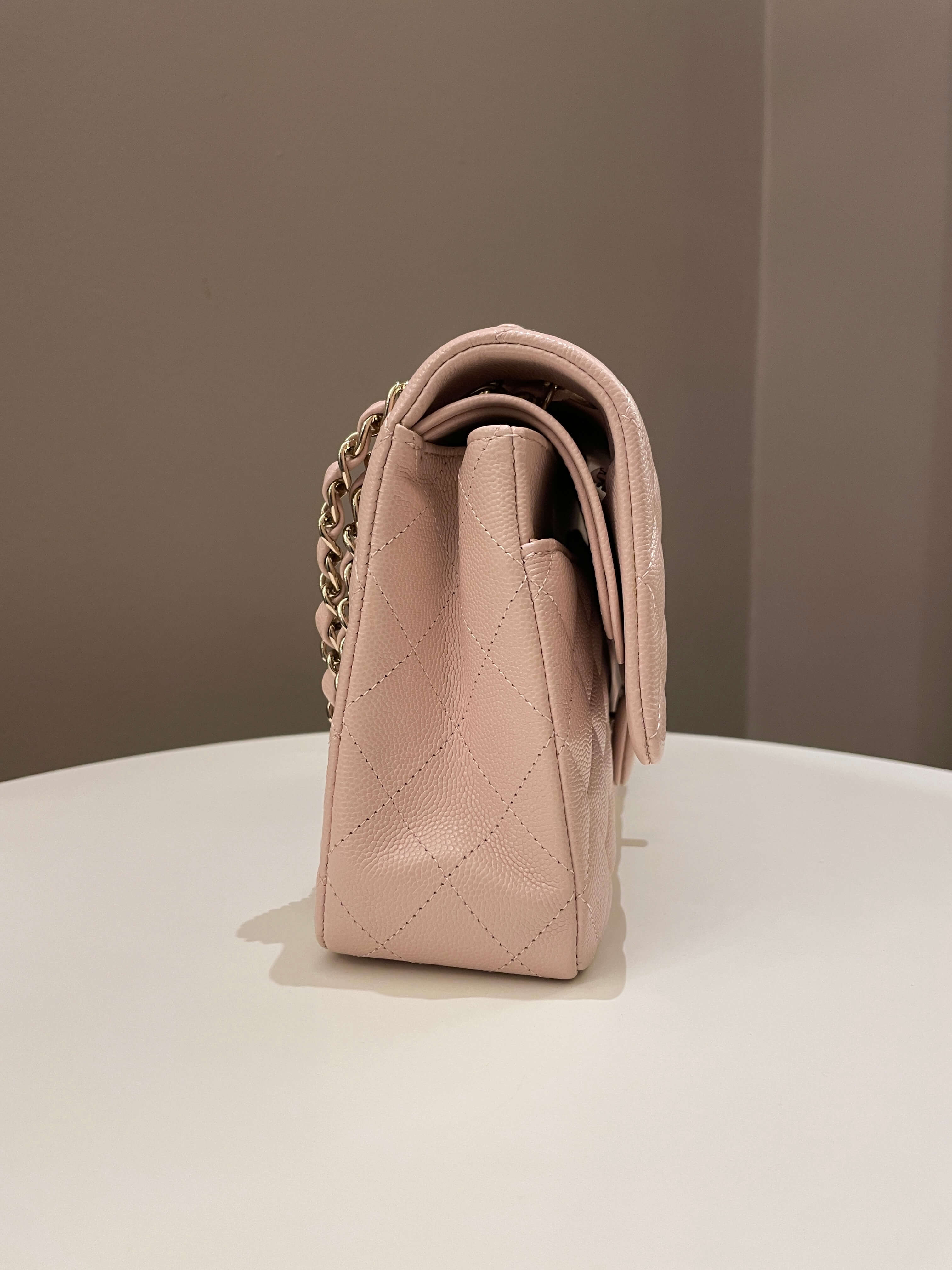 Chanel 21C Classic Quilted Medium Double Flap Rose Claire Beige Caviar