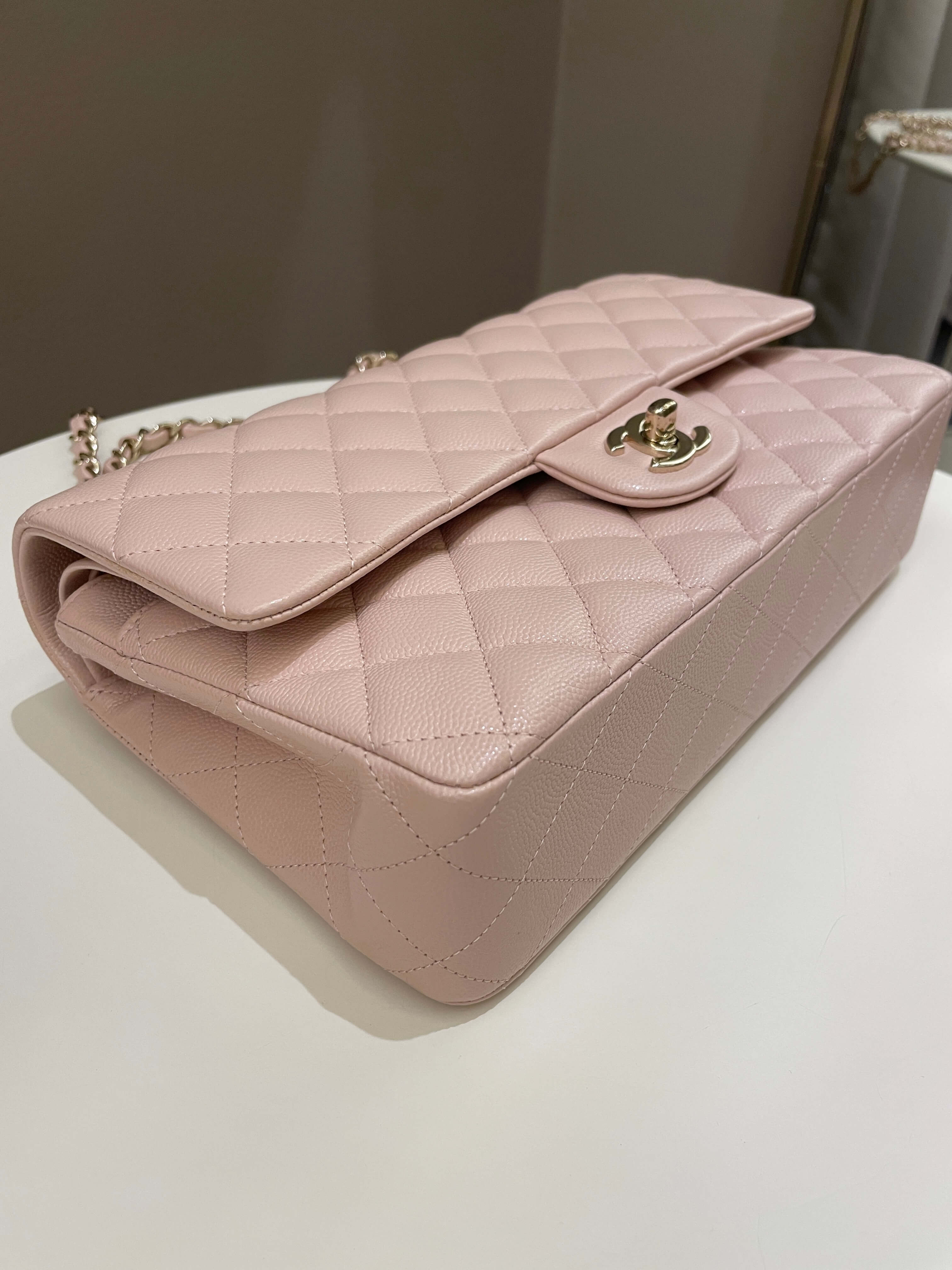 Chanel 21C Classic Quilted Medium Double Flap Rose Claire Beige Caviar