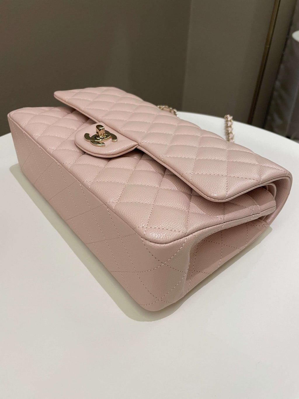 Chanel 21C Classic Quilted Medium Double Flap Rose Claire Beige Caviar
