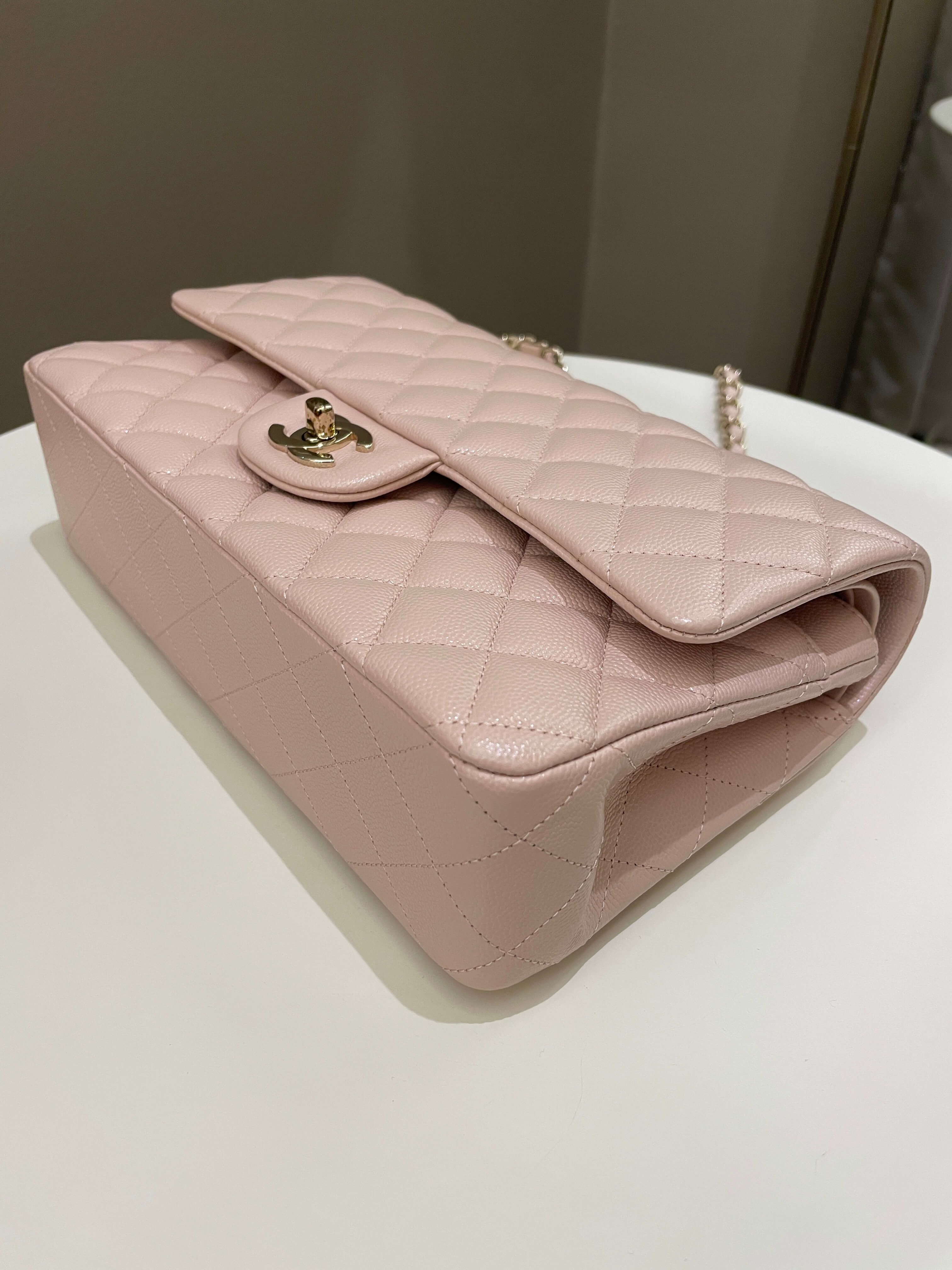 Chanel 21C Classic Quilted Medium Double Flap Rose Claire Beige Caviar