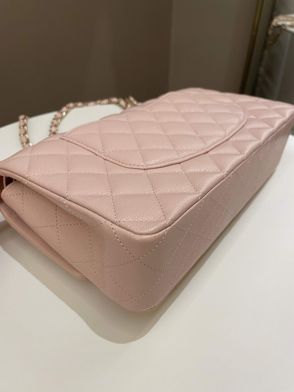 Chanel 21C Classic Quilted Medium Double Flap Rose Claire Beige Caviar