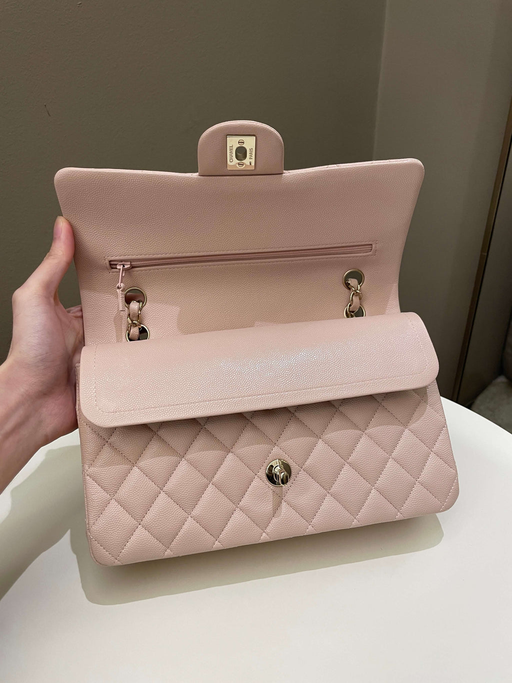 Chanel 21C Classic Quilted Medium Double Flap Rose Claire Beige Caviar