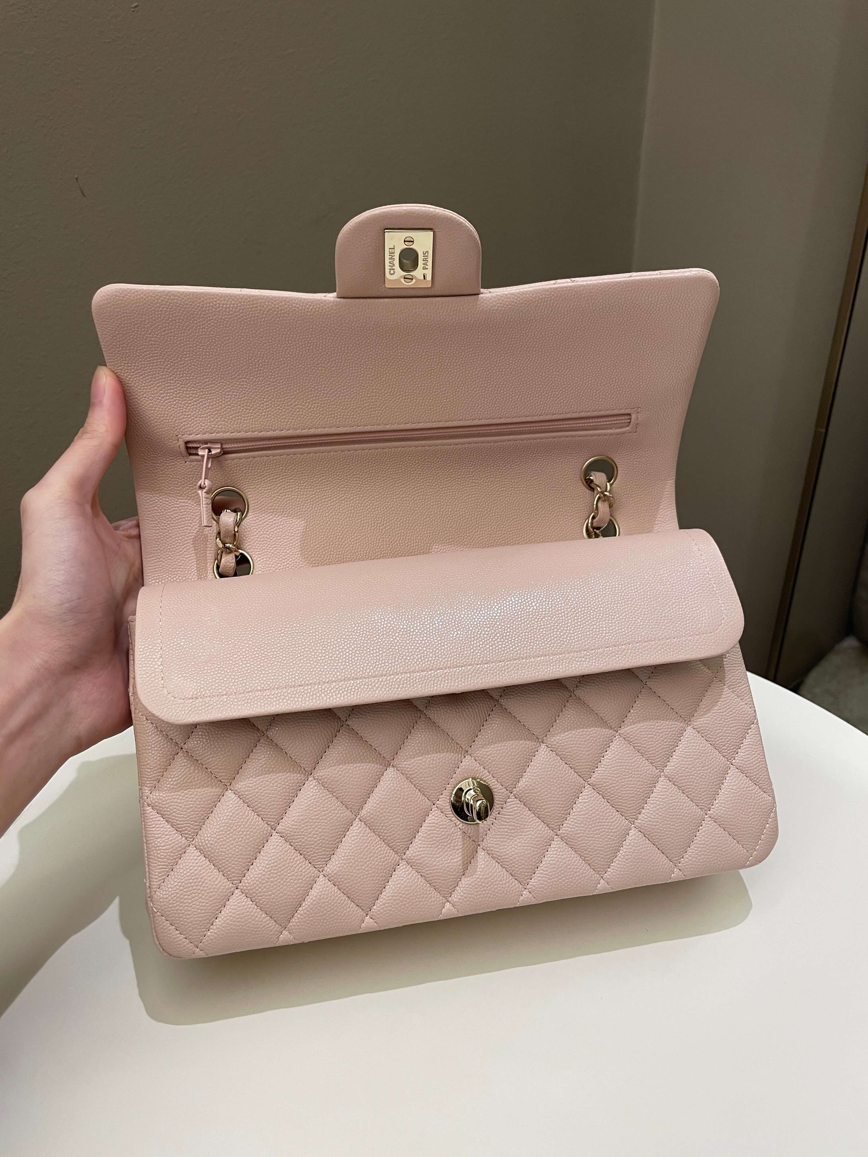 Chanel 21C Classic Quilted Medium Double Flap Rose Claire Beige Caviar
