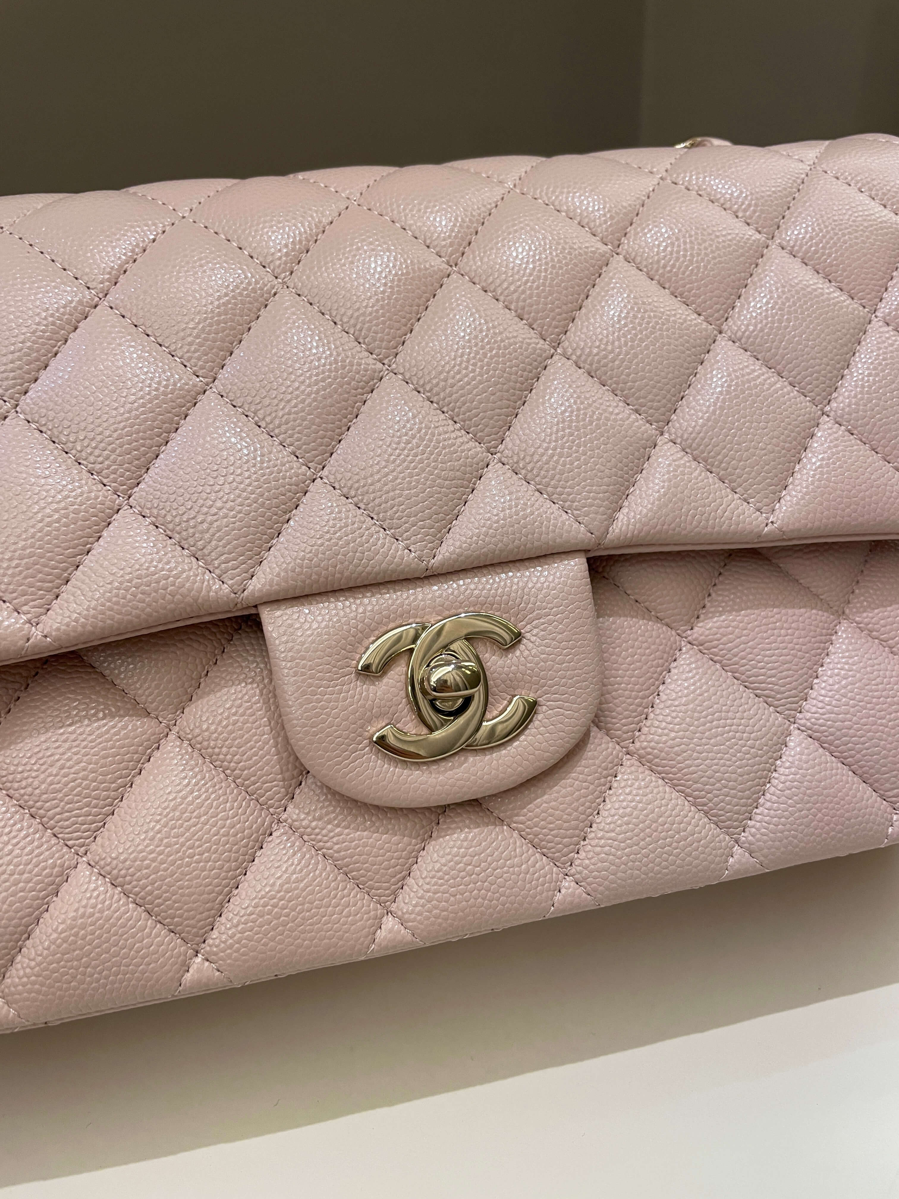 Chanel 21C Classic Quilted Medium Double Flap Rose Claire Beige Caviar