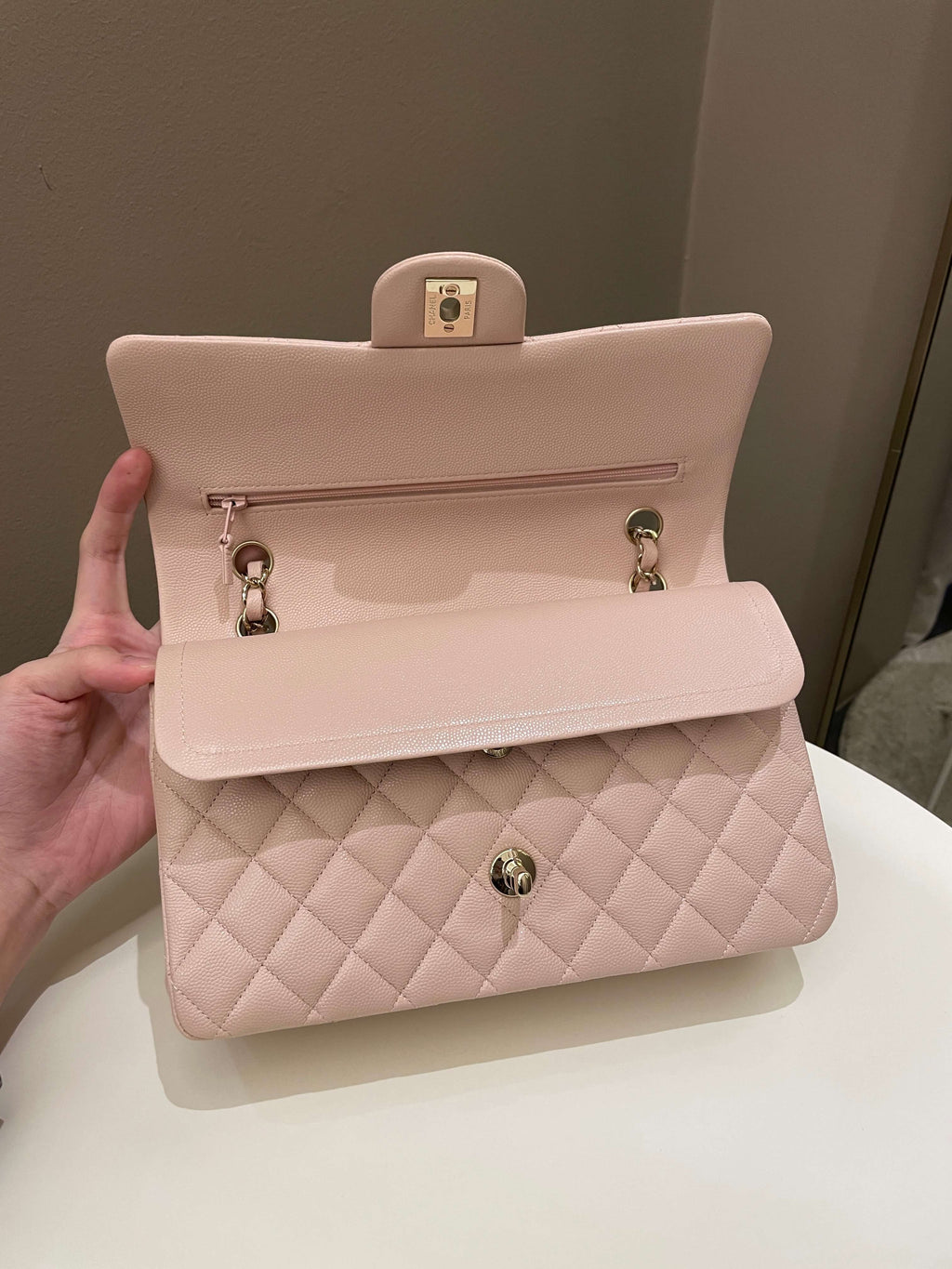 Chanel 21C Classic Quilted Medium Double Flap Rose Claire Beige Caviar
