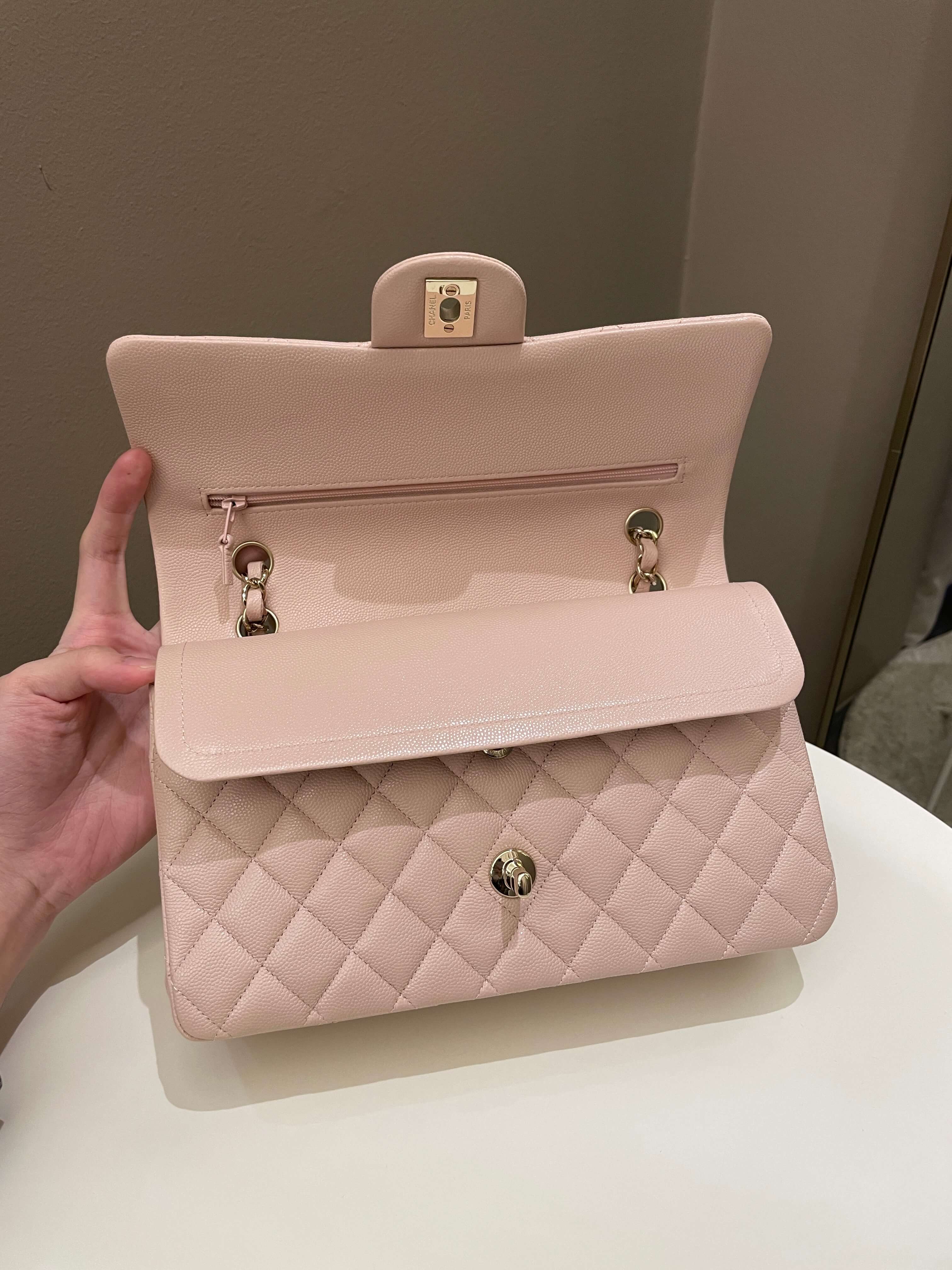 Chanel 21C Classic Quilted Medium Double Flap Rose Claire Beige Caviar