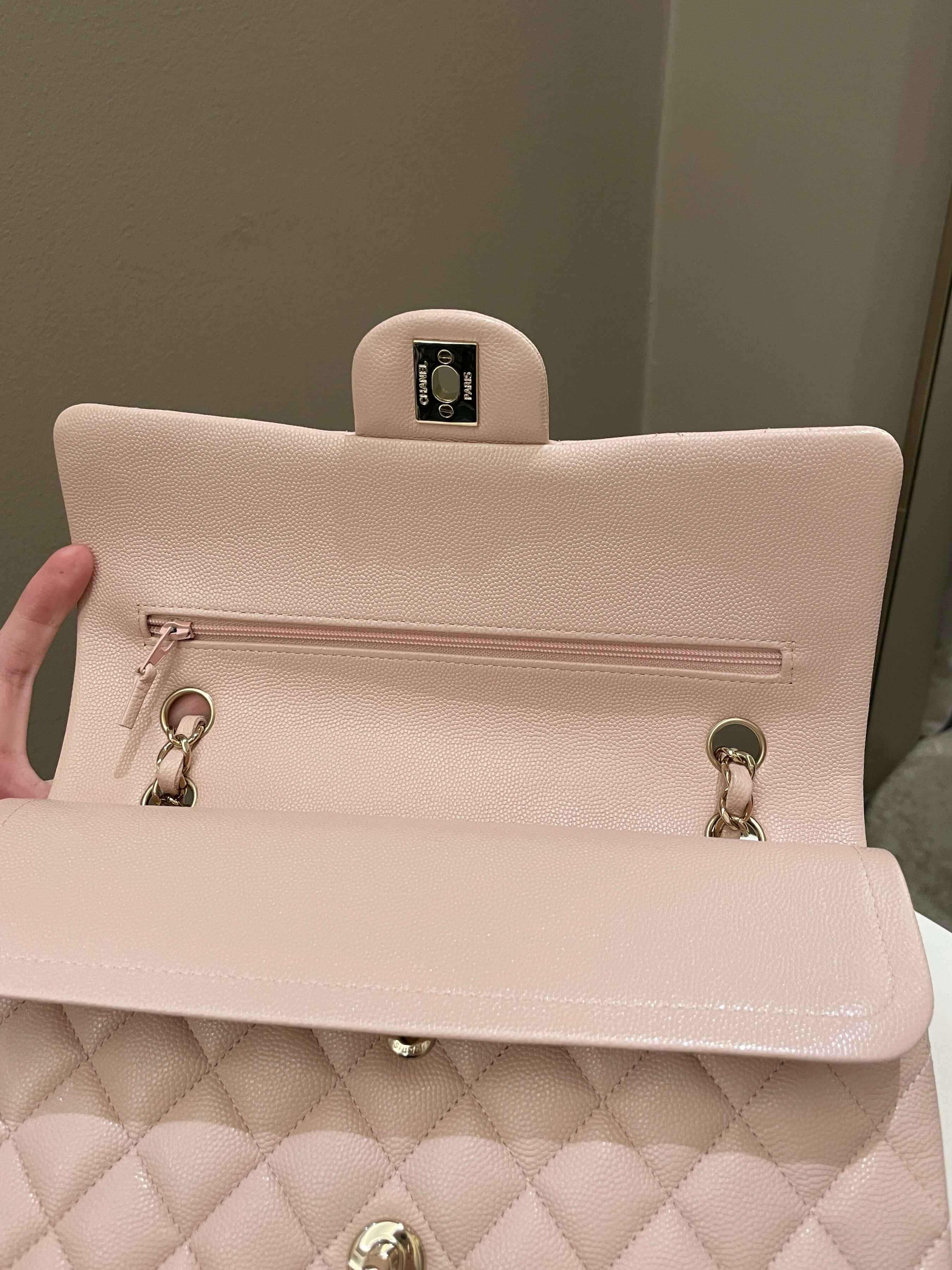 Chanel 21C Classic Quilted Medium Double Flap Rose Claire Beige Caviar