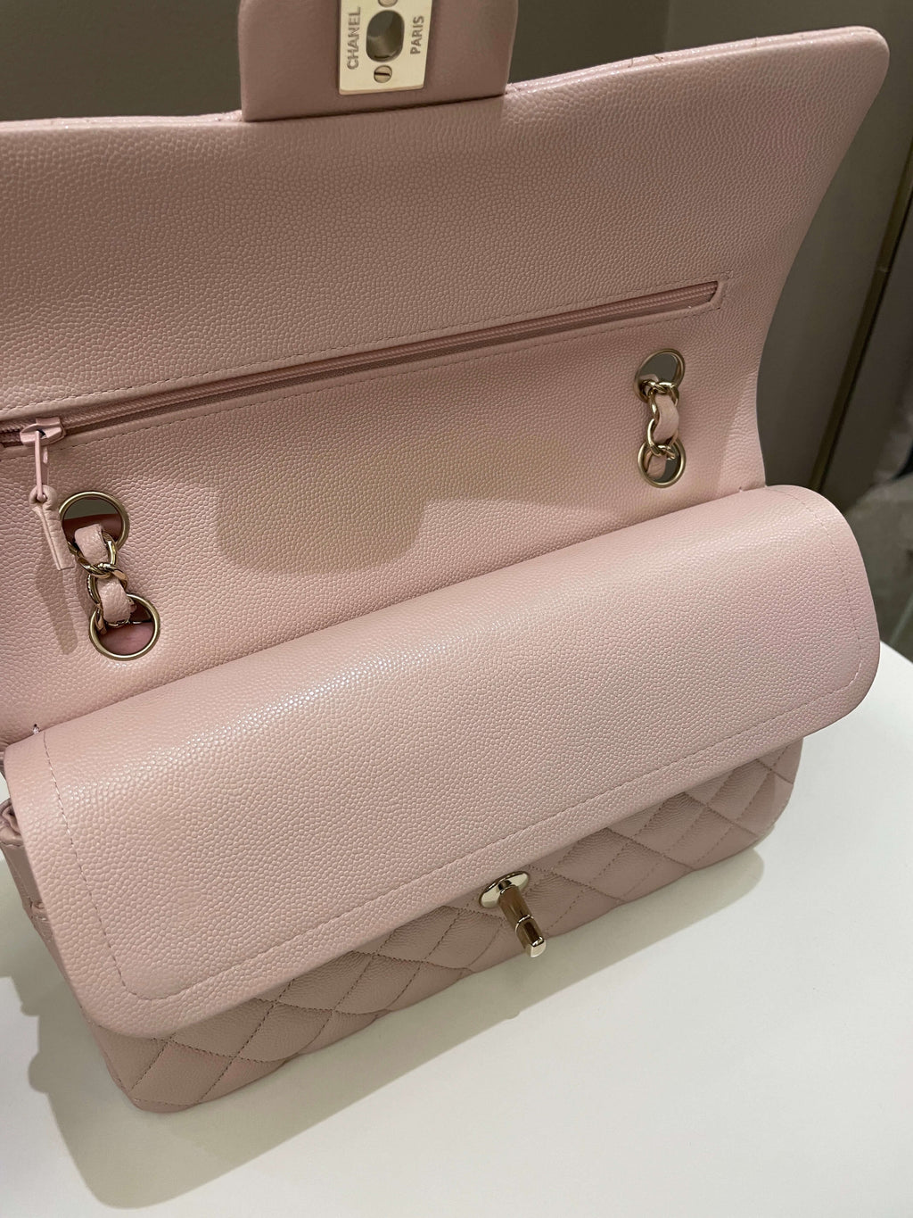 Chanel 21C Classic Quilted Medium Double Flap Rose Claire Beige Caviar