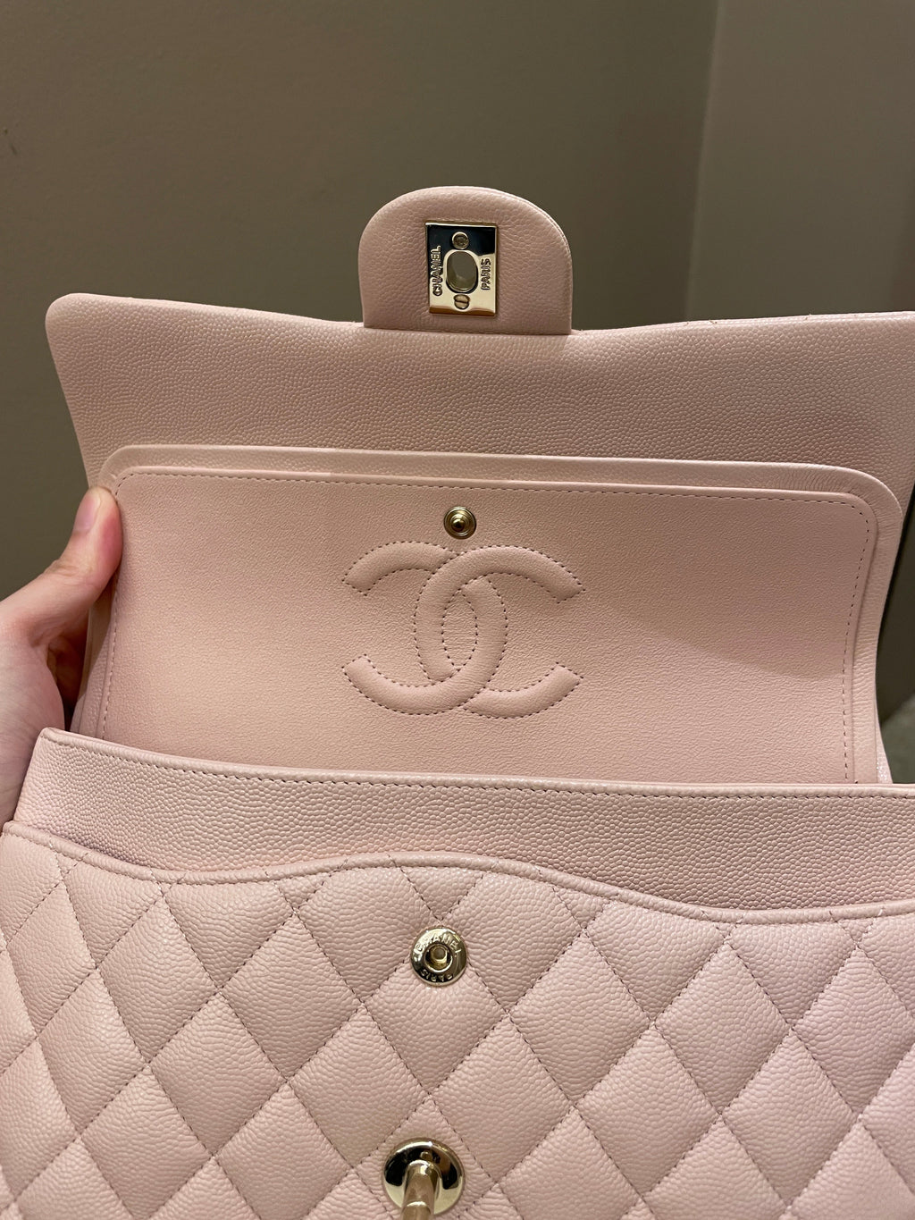 Chanel 21C Classic Quilted Medium Double Flap Rose Claire Beige Caviar