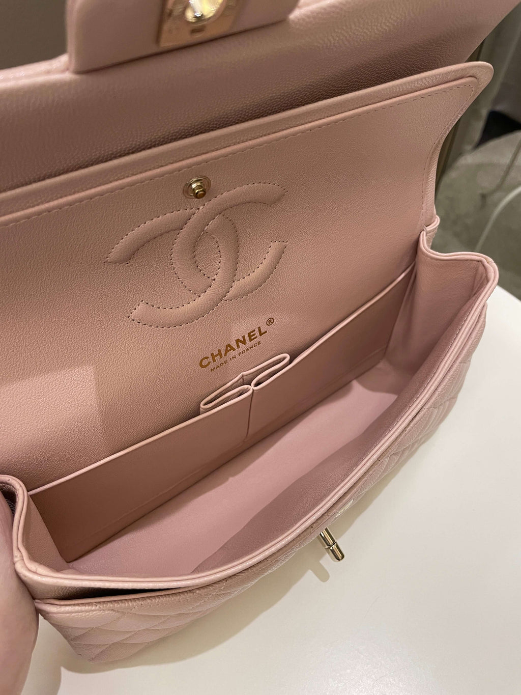 Chanel 21C Classic Quilted Medium Double Flap Rose Claire Beige Caviar