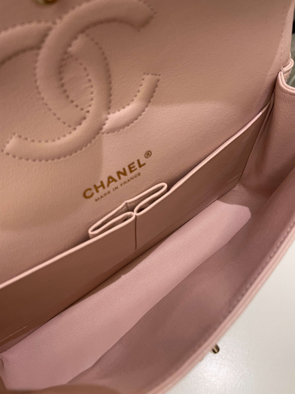 Chanel 21C Classic Quilted Medium Double Flap Rose Claire Beige Caviar