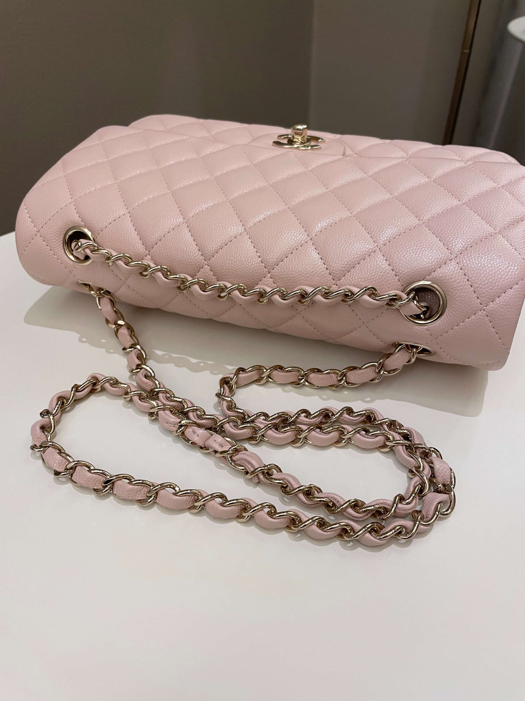 Chanel 21C Classic Quilted Medium Double Flap Rose Claire Beige Caviar