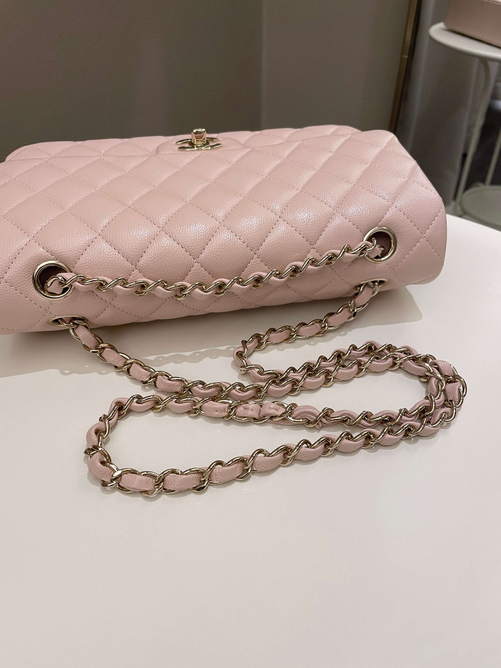 Chanel 21C Classic Quilted Medium Double Flap Rose Claire Beige Caviar