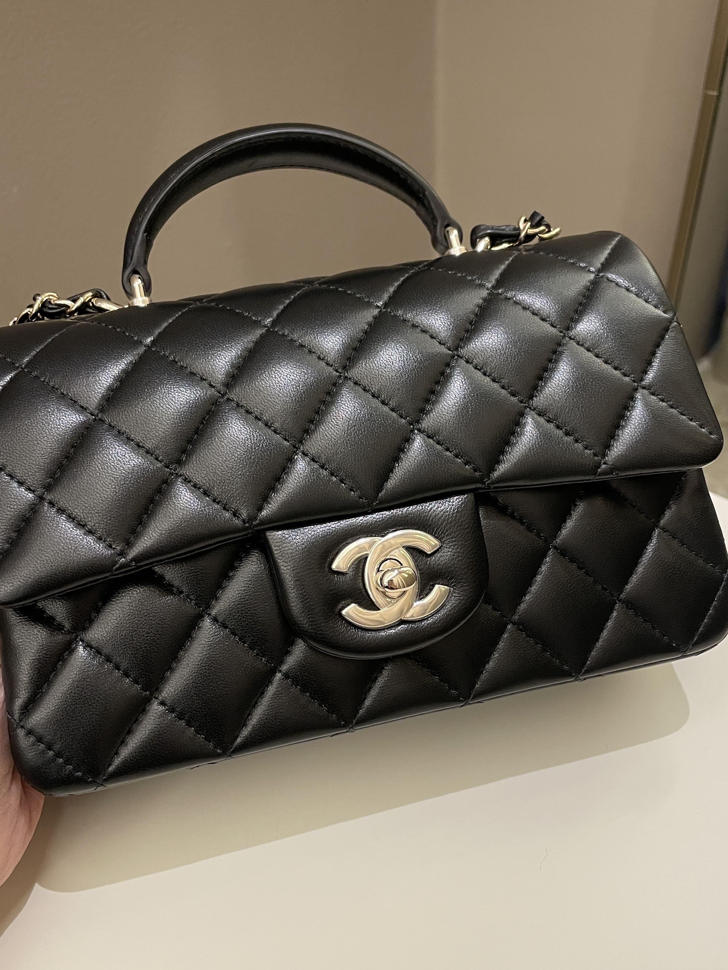 Chanel Quilted Top Handle Mini Rectangular Black Lambskin