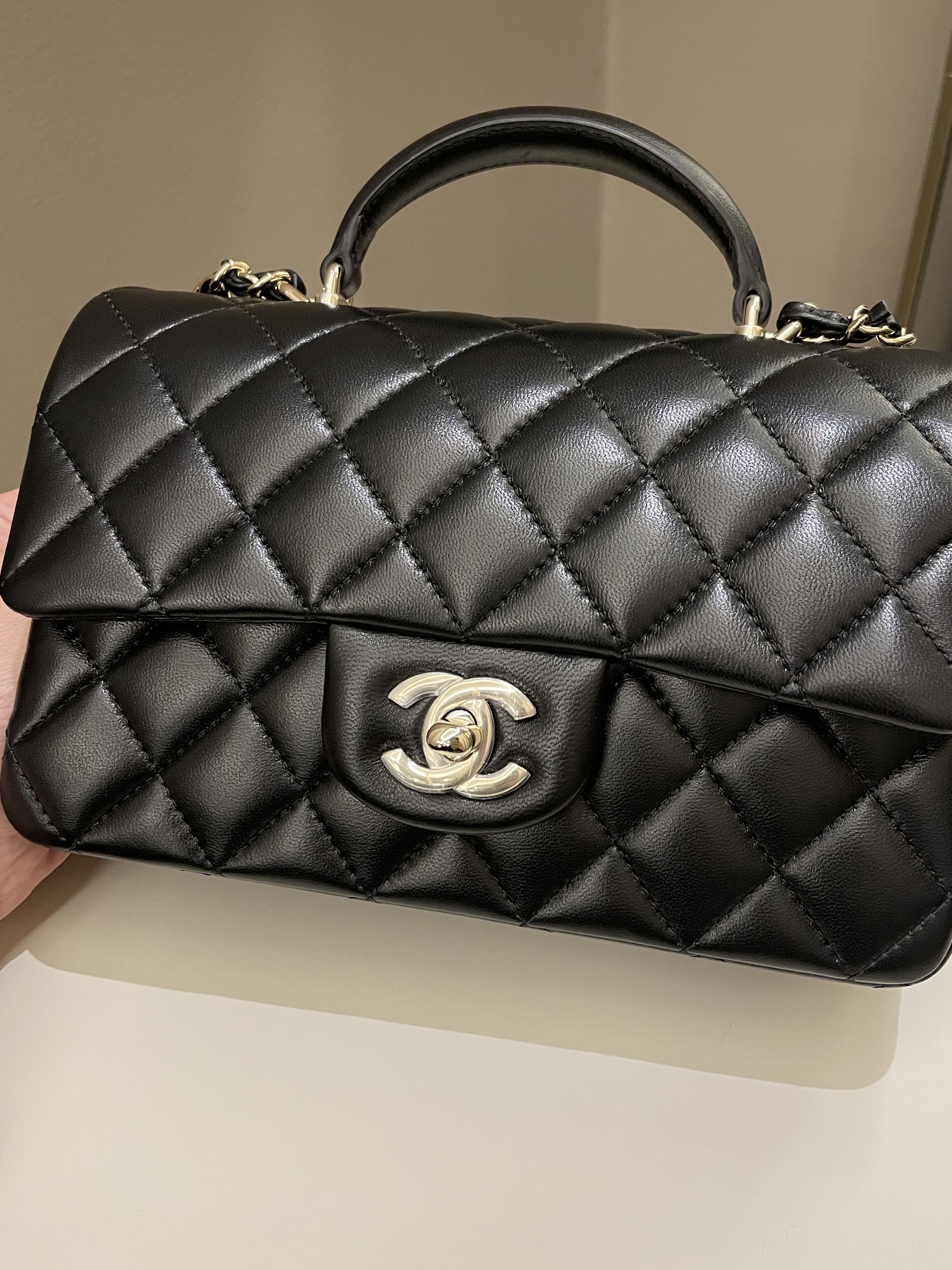 Chanel Quilted Top Handle Mini Rectangular Black Lambskin