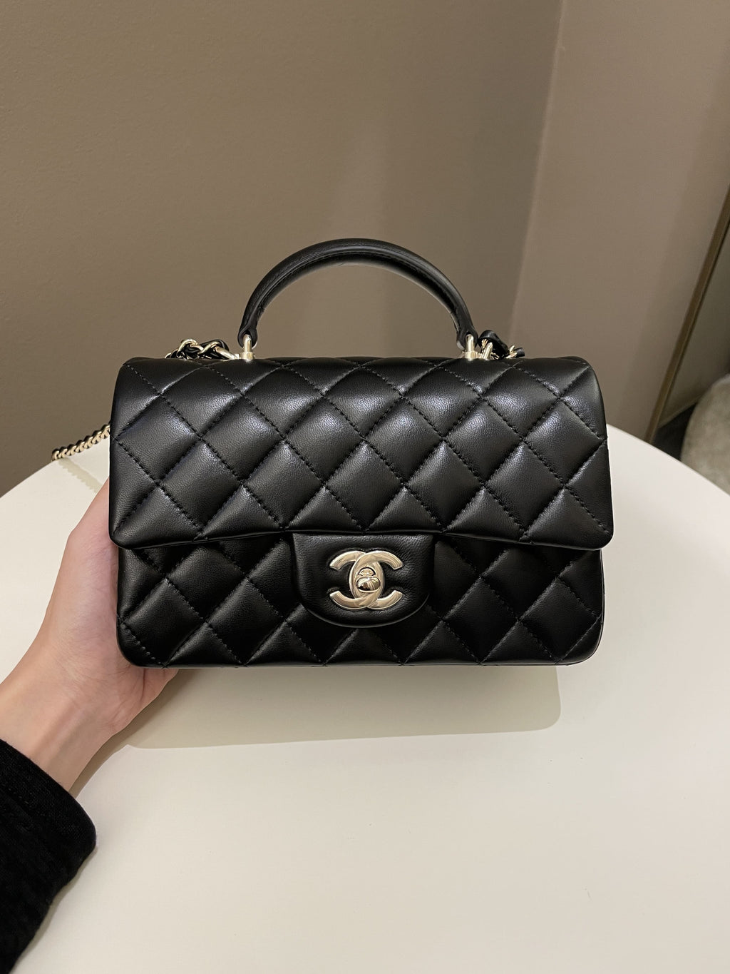 Chanel Quilted Top Handle Mini Rectangular Black Lambskin