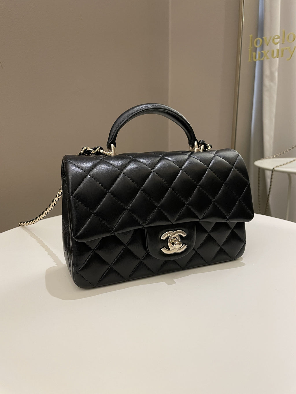 Chanel Quilted Top Handle Mini Rectangular Black Lambskin