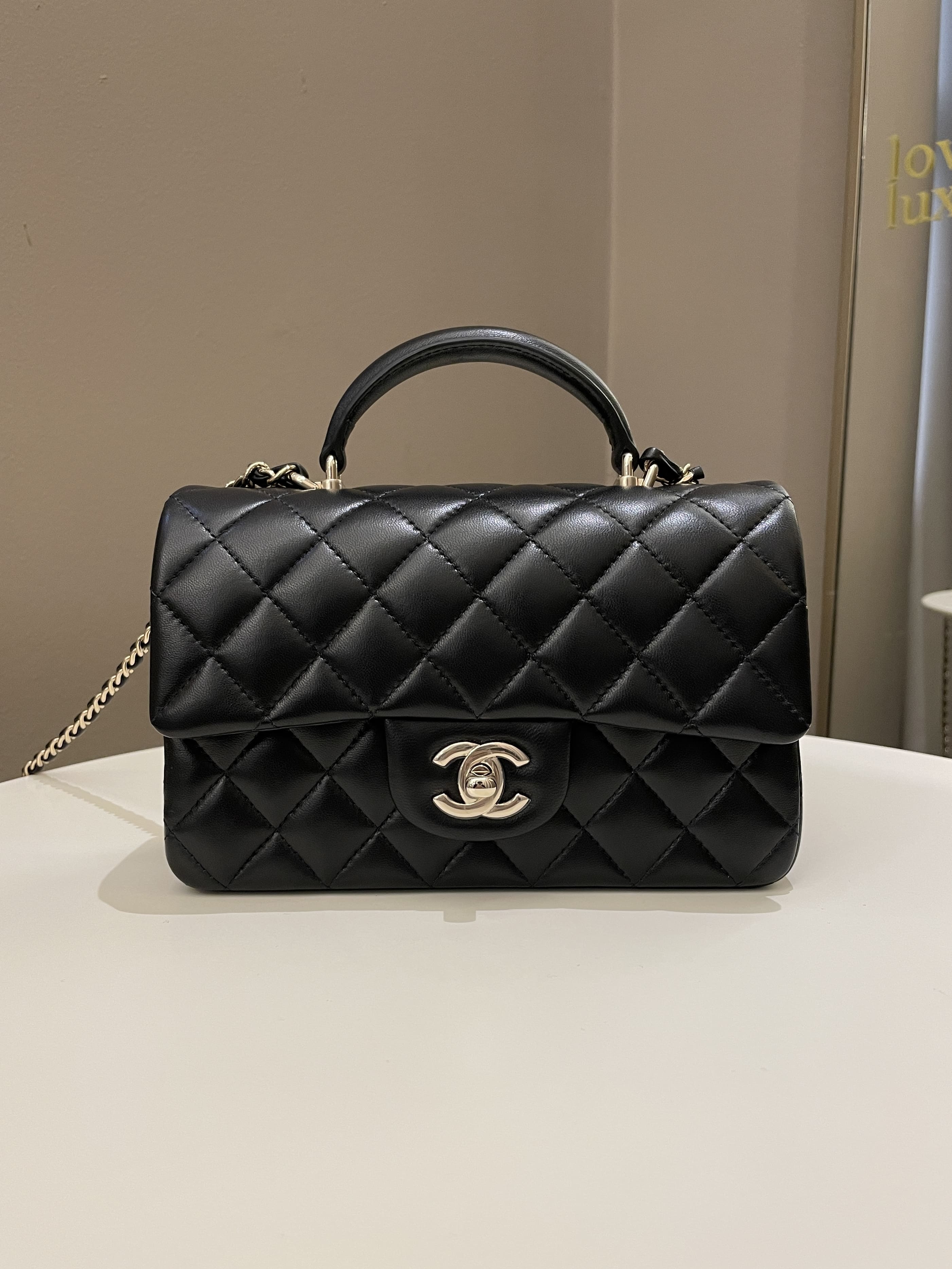 Chanel Quilted Top Handle Mini Rectangular Black Lambskin