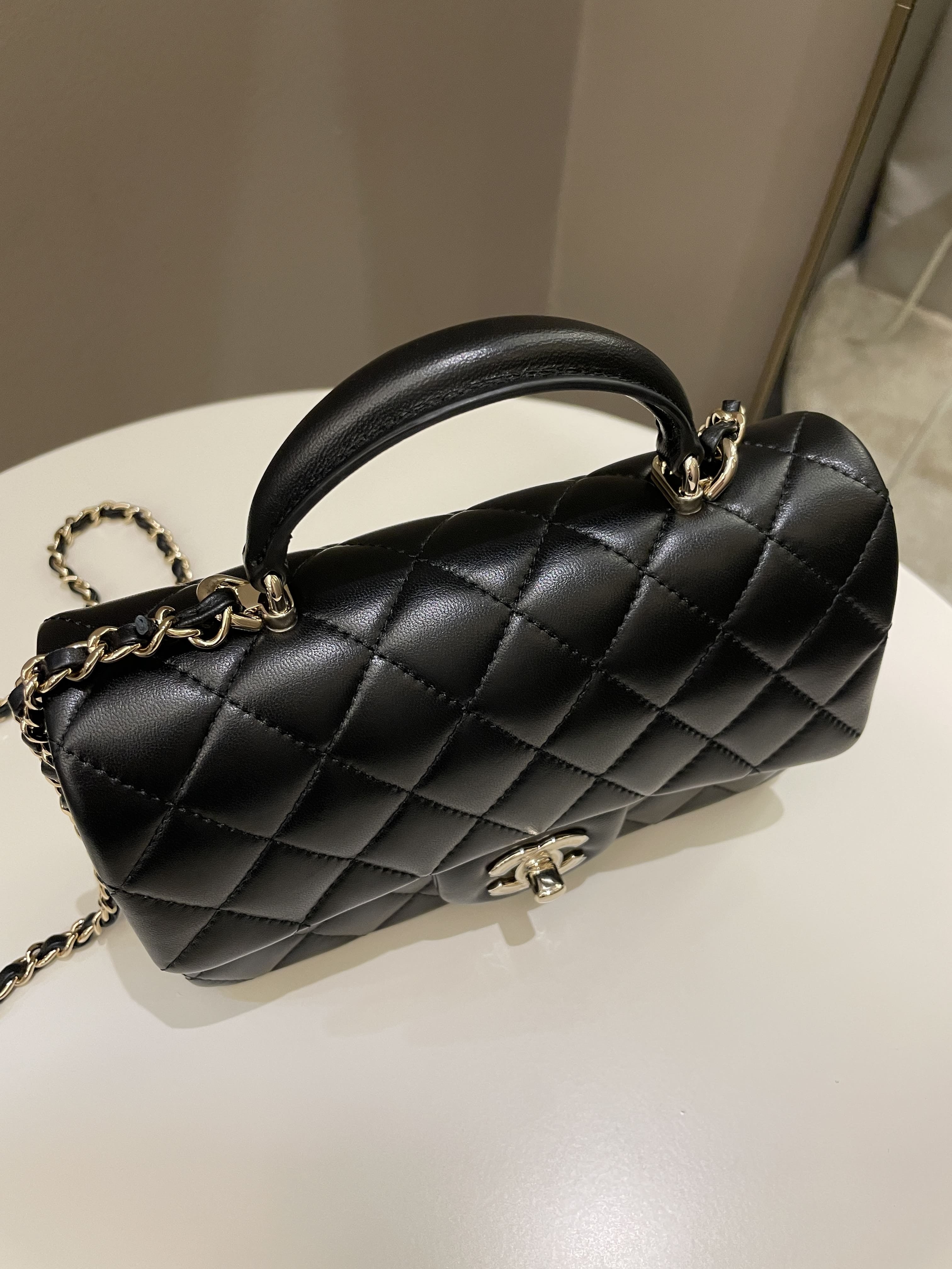 Chanel Quilted Top Handle Mini Rectangular Black Lambskin