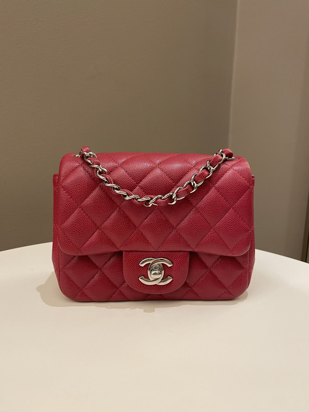 Chanel 18B Classic Quilted Mini Square Red Caviar