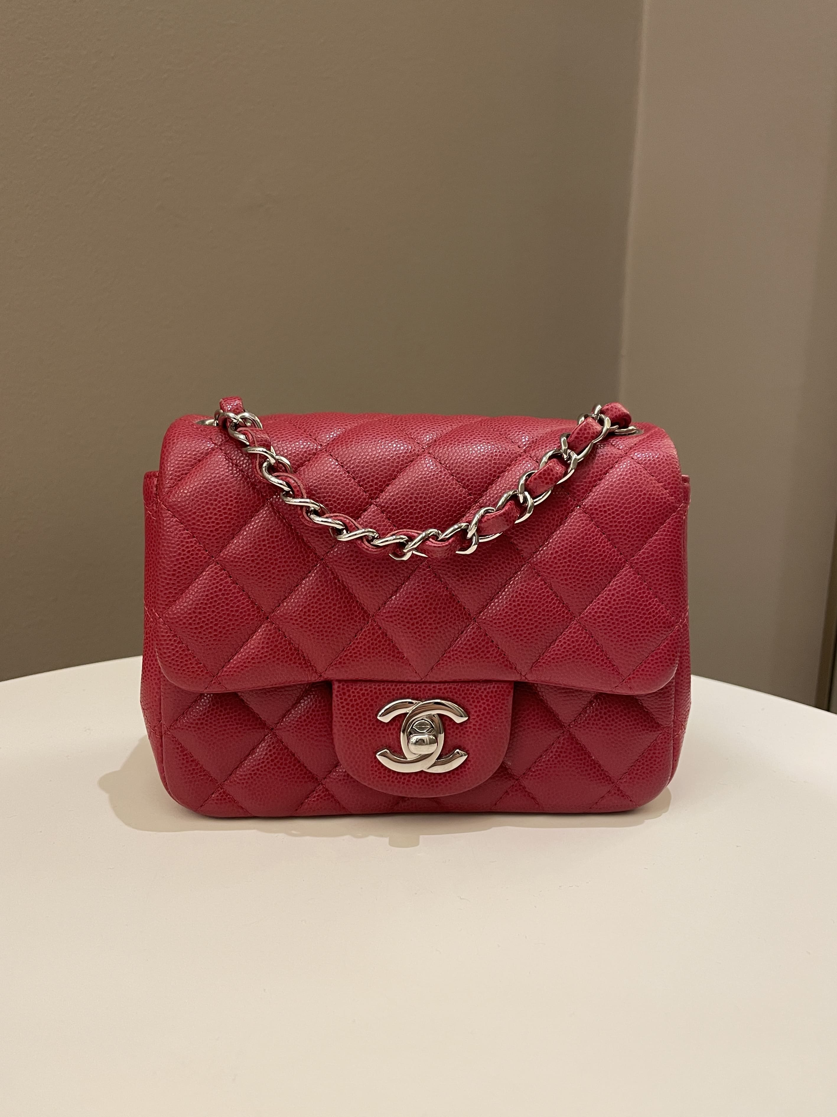 Chanel 18B Classic Quilted Mini Square Red Caviar