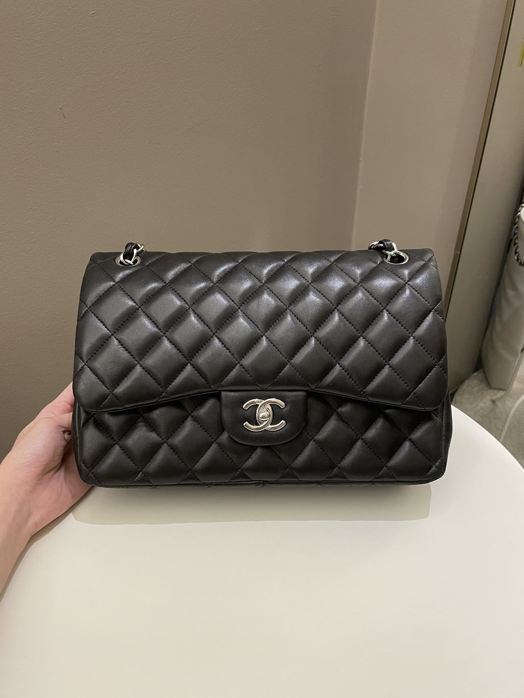 Chanel Classic Quilted Jumbo Double Flap Black Lambskin
