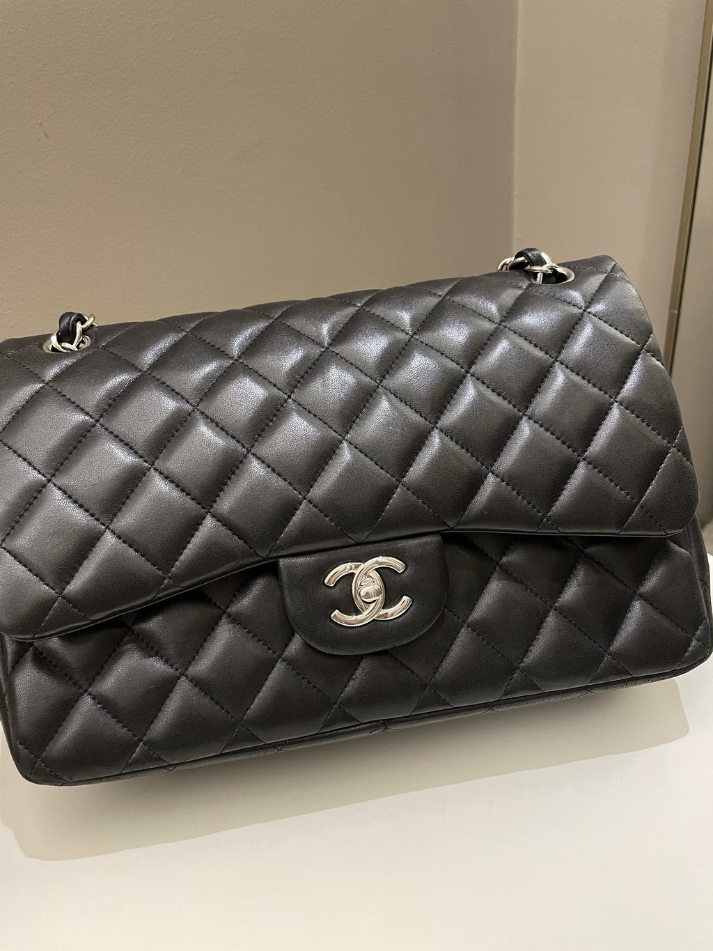Chanel Classic Quilted Jumbo Double Flap Black Lambskin